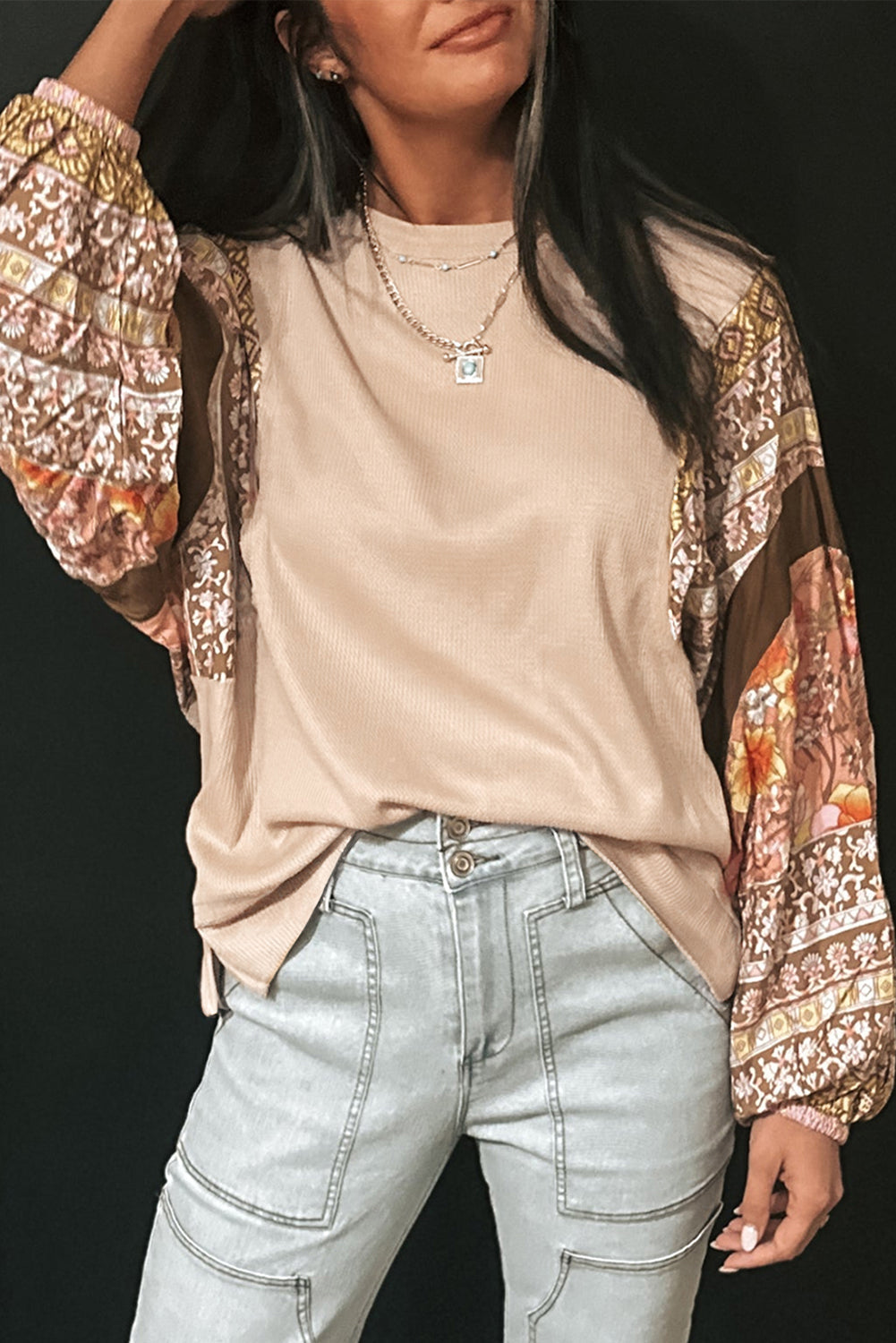 Parchment Contrast Floral Patchwork Puff Sleeve Waffle Knit Top eAura