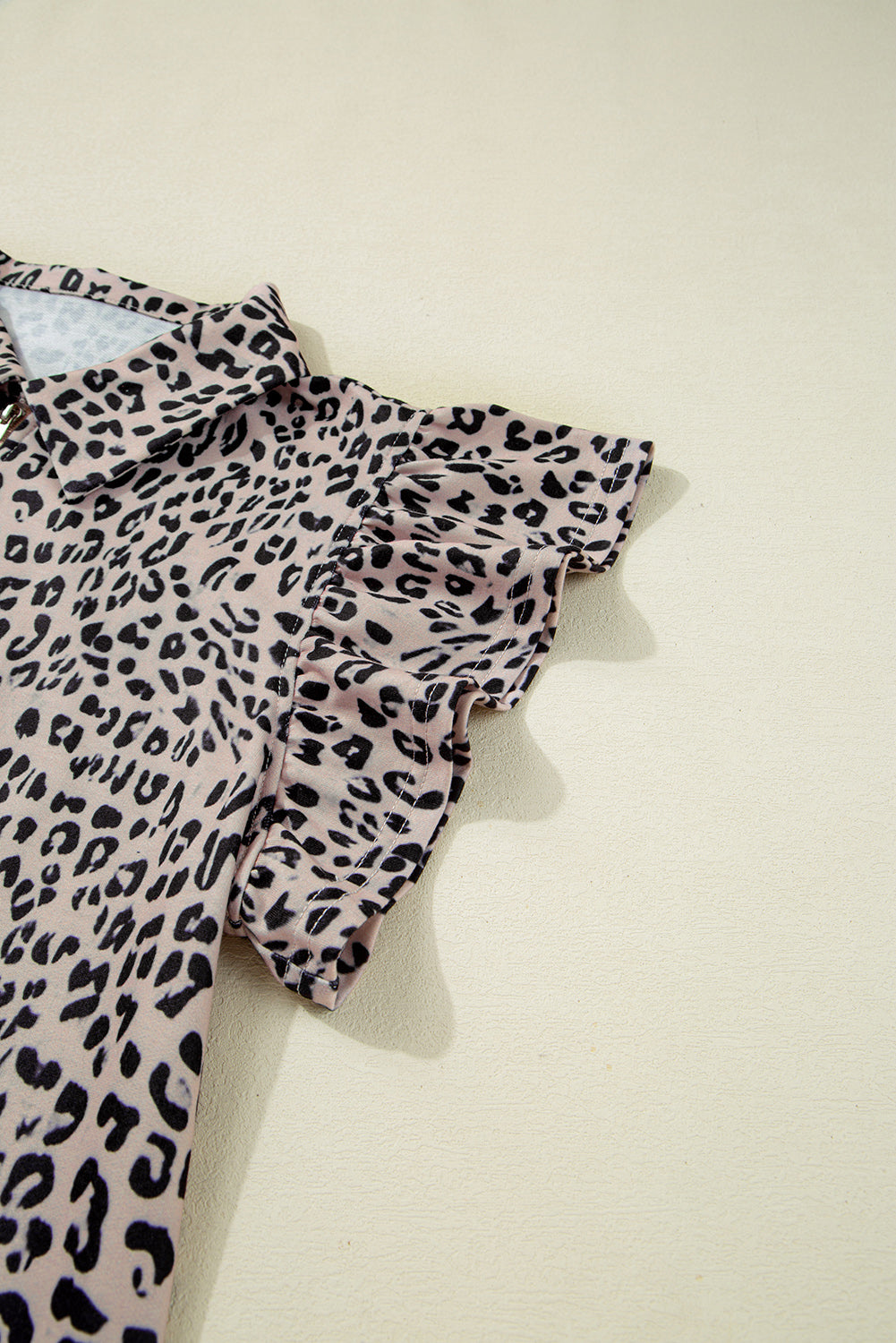 Brown Leopard Half Zipper Collared Ruffled Sleeve Top and Short Set eAura