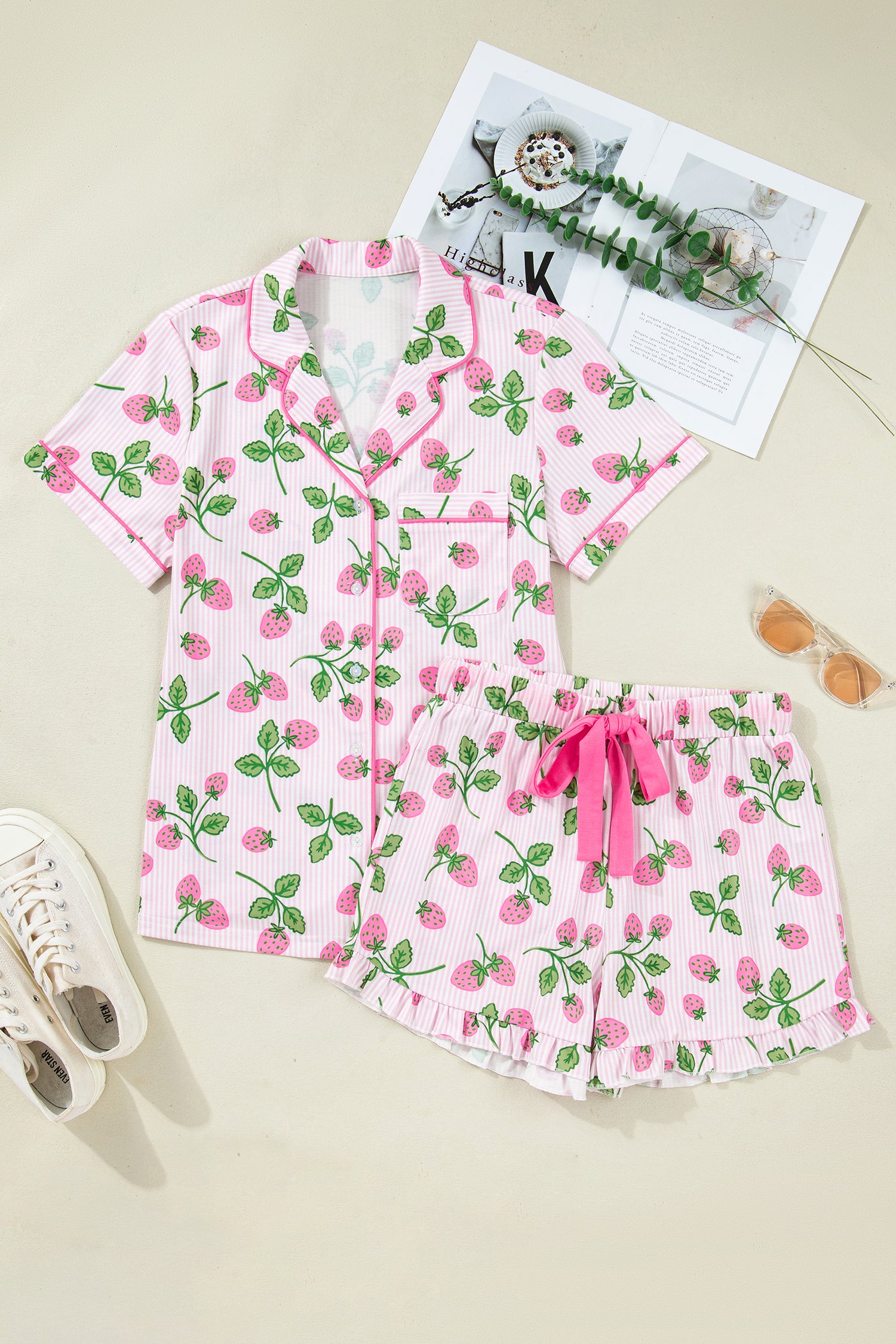 Striped Strawberry Print Pyjama Set – Pink