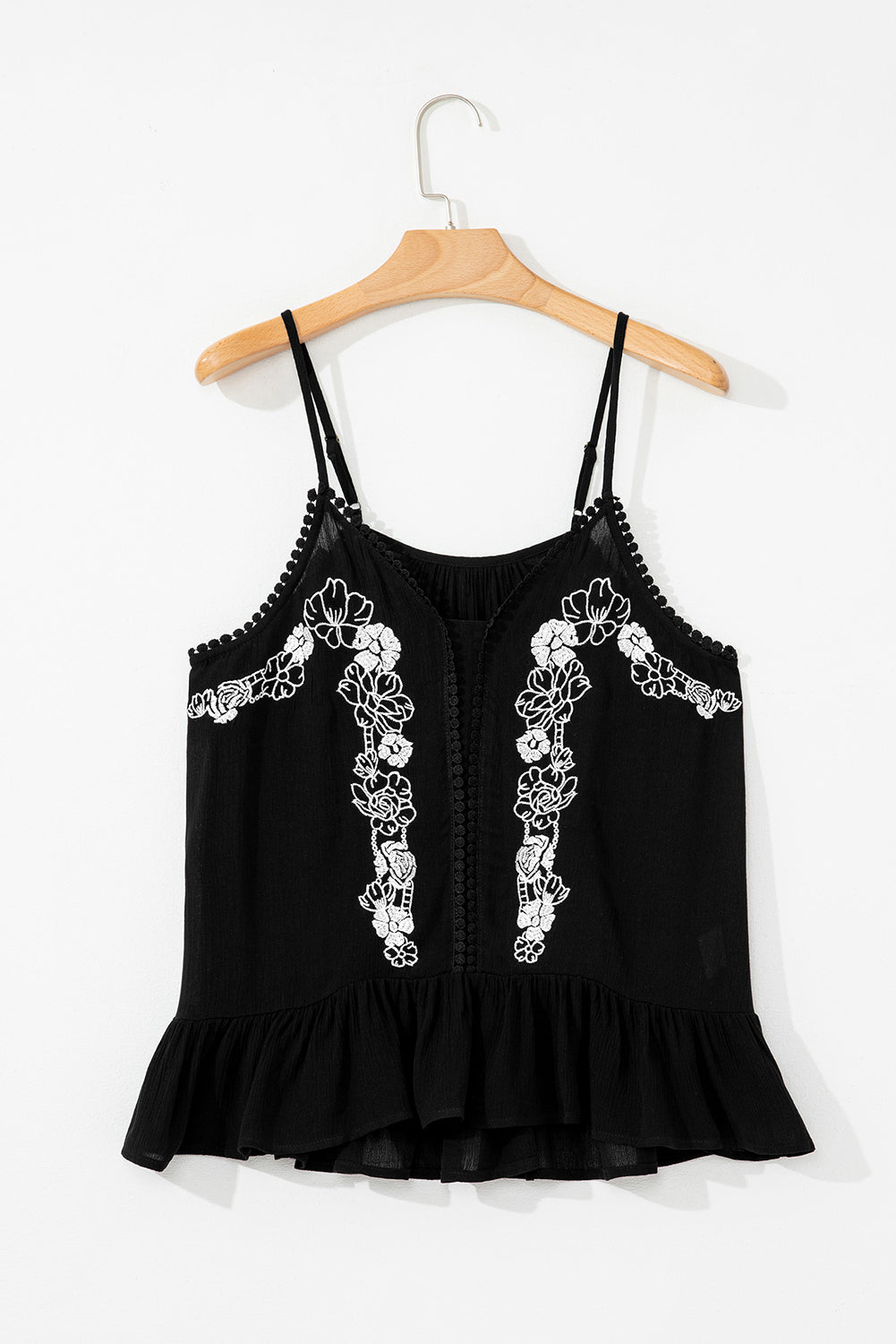 Black Floral Embroidery Ruffled Spaghetti Straps Tank Top eAura