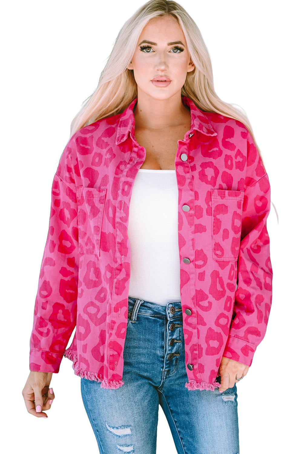 Pink Leopard Print Button Cuffs Raw Hem Jacket eAura