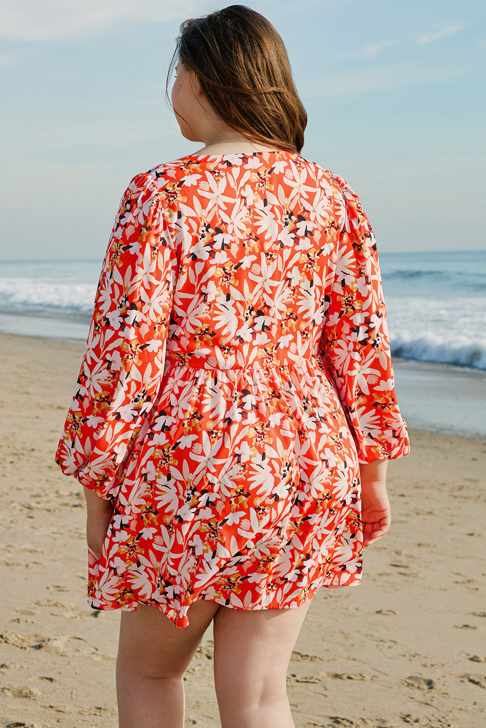 Orange Floral Print Split V Neck Bubble Sleeve Plus Size Midi Dress BB Fashion Outlet