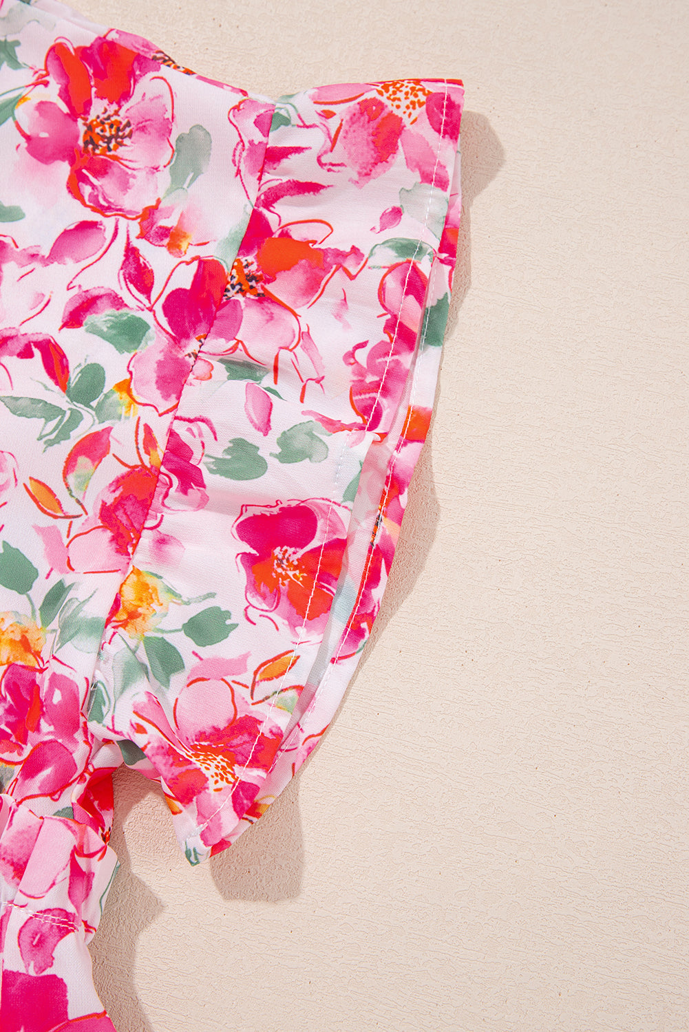 Pink Floral Boxy Fit Ruffled Short Sleeve V Neck Blouse eAura