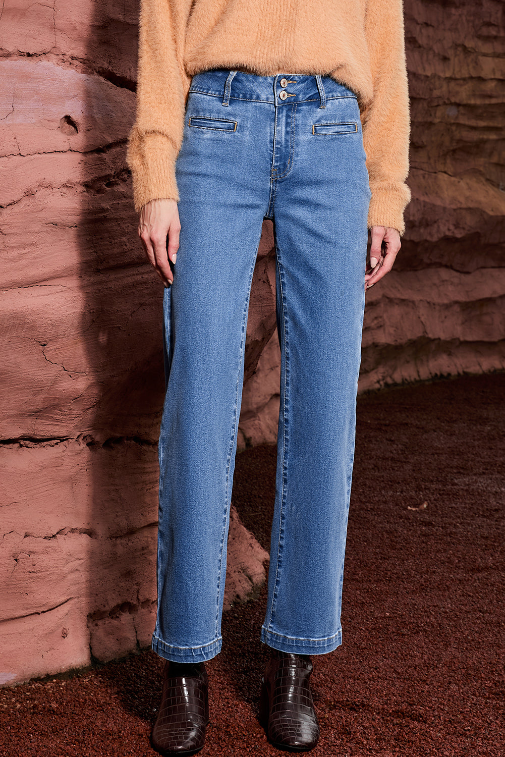 Double Button High Rise Straight Leg Jeans - eAura