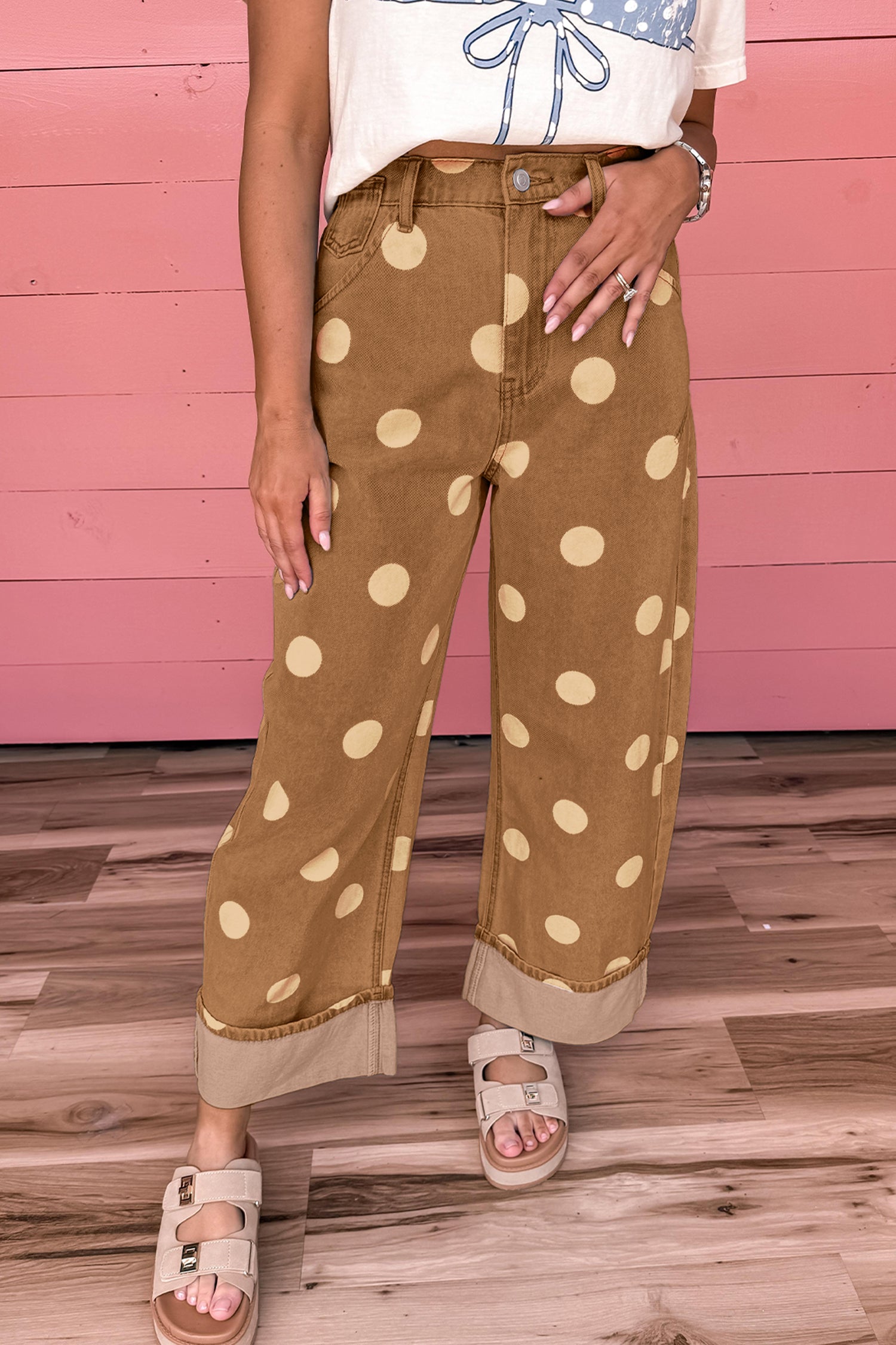 Polka Dot Ankle-Length Metal Button Casual Jeans – Brown