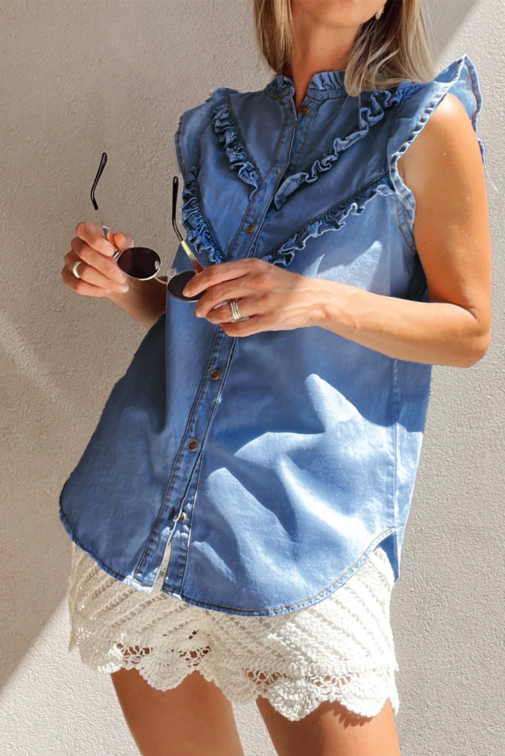 Mineral Wash Cap Sleeve Ruffled Button Up Denim Shirt eAura