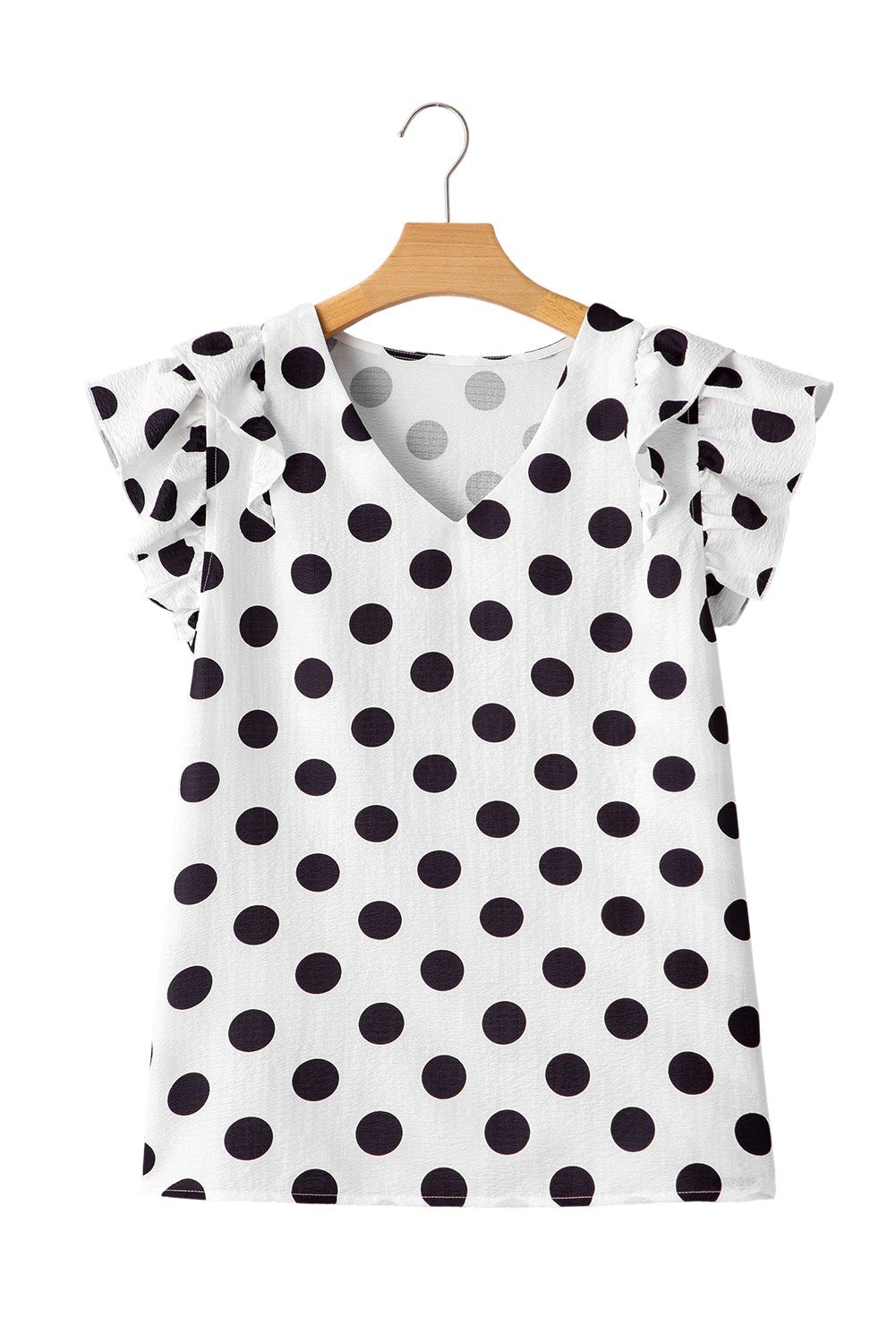 White Polka Dot Print Ruffled Sleeve V Neck Blouse eAura