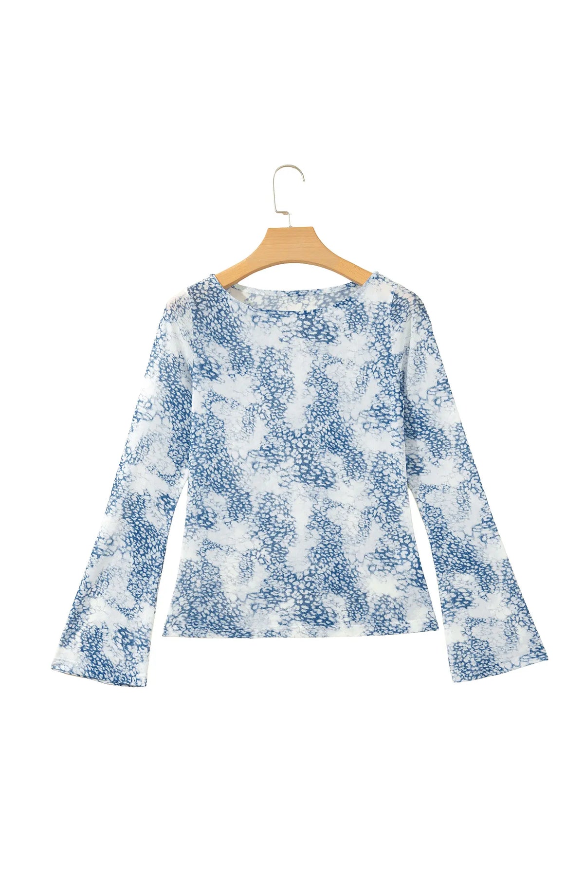 Sky Blue Long Sleeve Leopard Print Round Neck Sheath Top – Light Blue