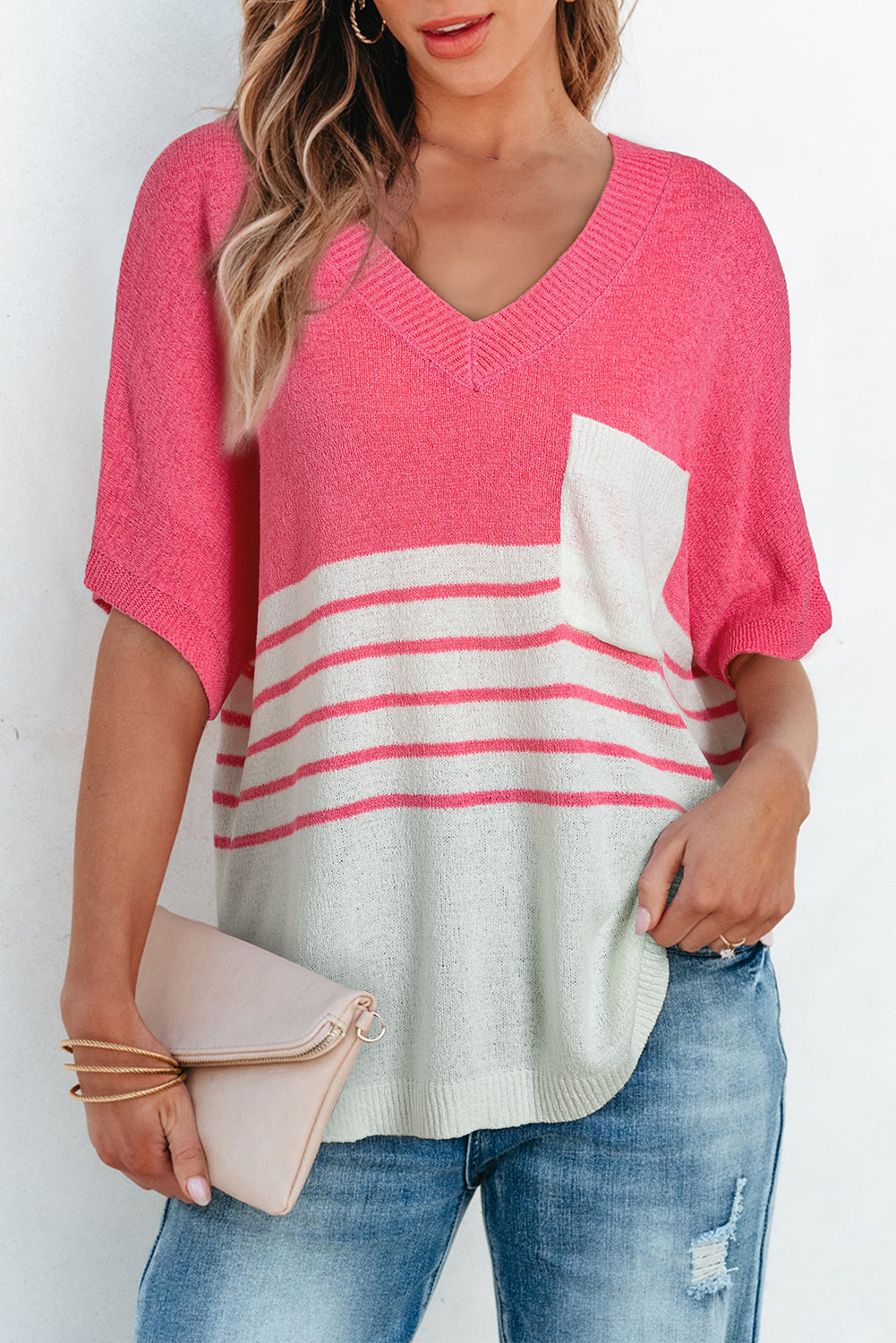 Strawberry Pink Contrast Stripes V Neck Knitted Short Sleeve Top eAura