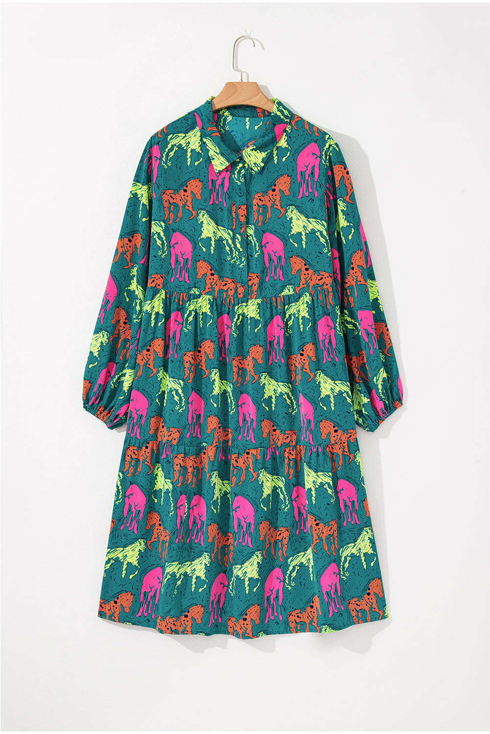 Green Horse Printed Long Sleeve Collared Buttoned Plus Size Midi Dress BB Fashion Outlet