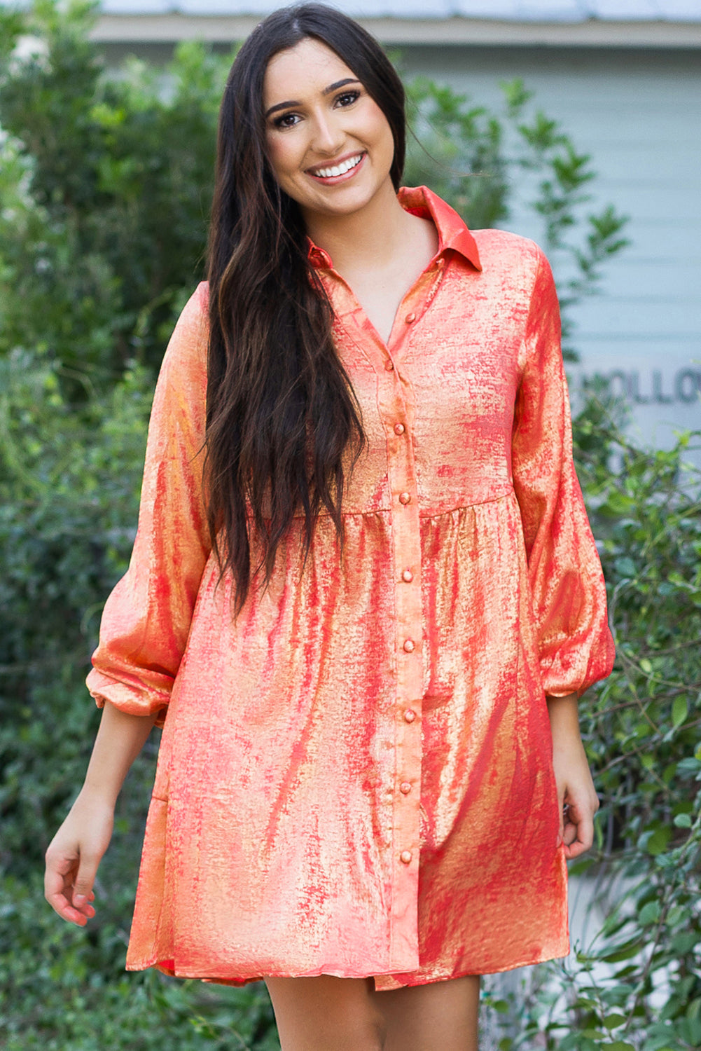 Peach Blossom Metallic Sheen Puff Sleeve Button Up Mini Shirt Dress eAura