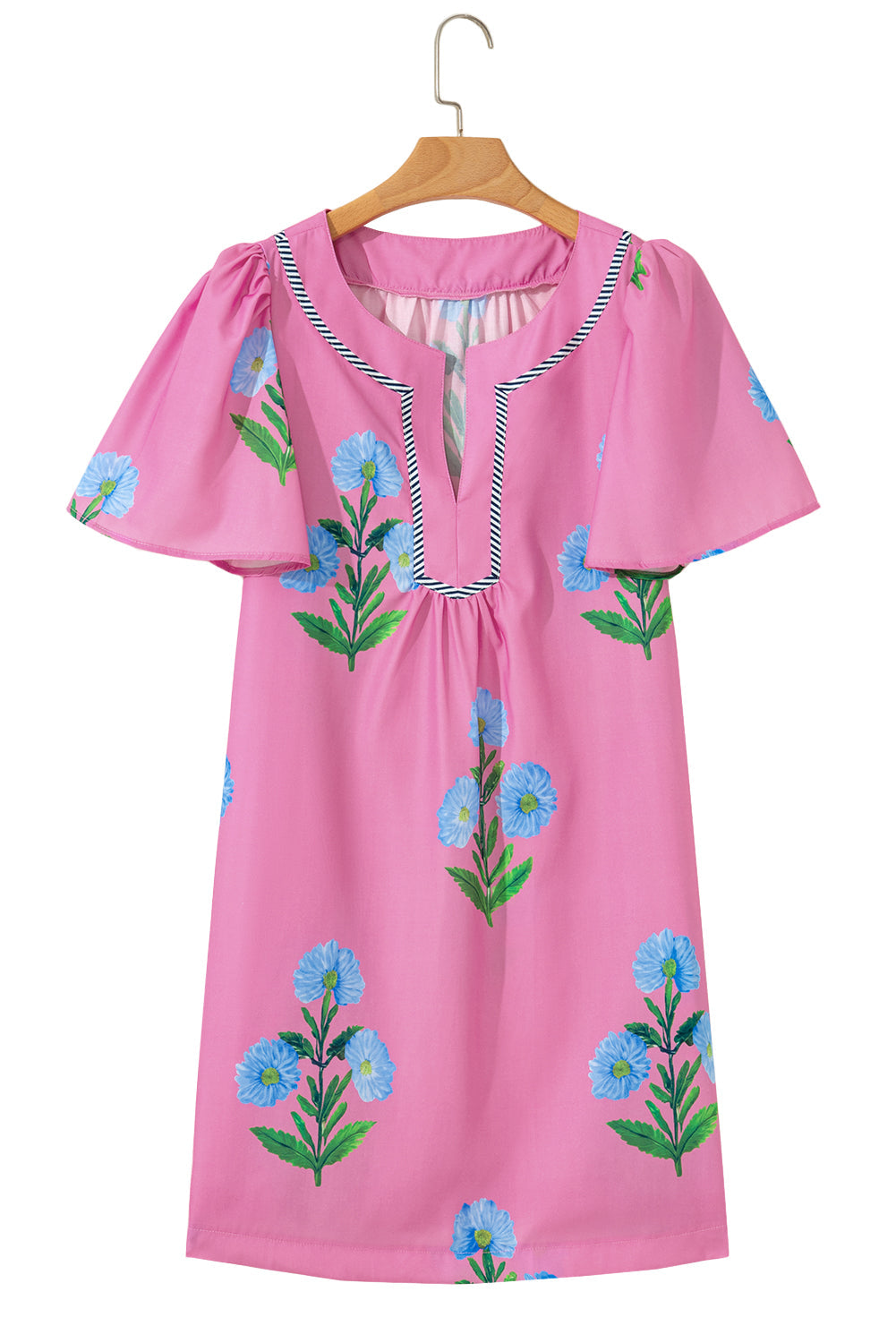 Floral Short Sleeve Split Neck Loose Mini Dress eAura