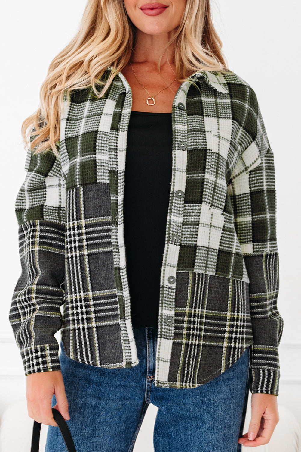 Plaid Print Textured Buttoned Shacket - eAura