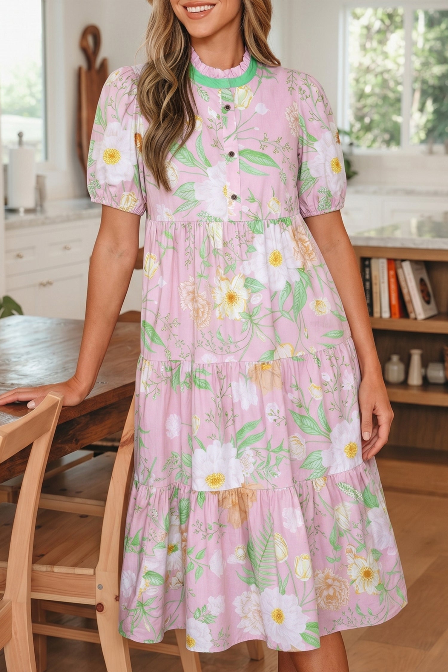 Floral Print Short Puff Sleeve High Waist Tiered Maxi Dress – Pink
