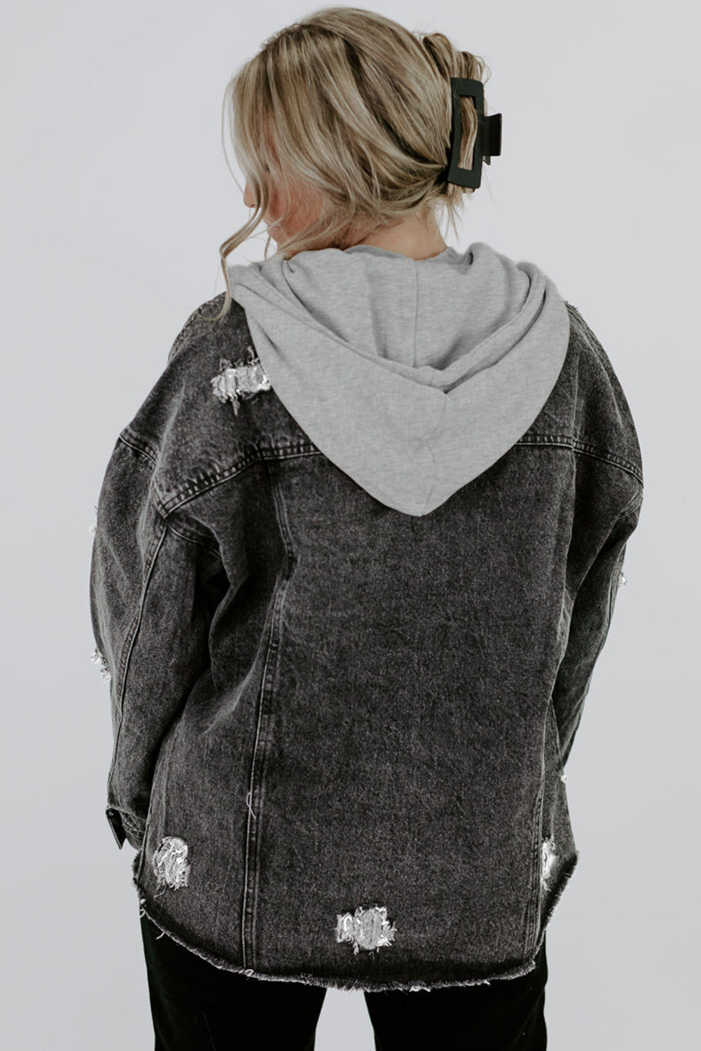 Black Drawstring Hooded Frayed Denim Jacket eAura
