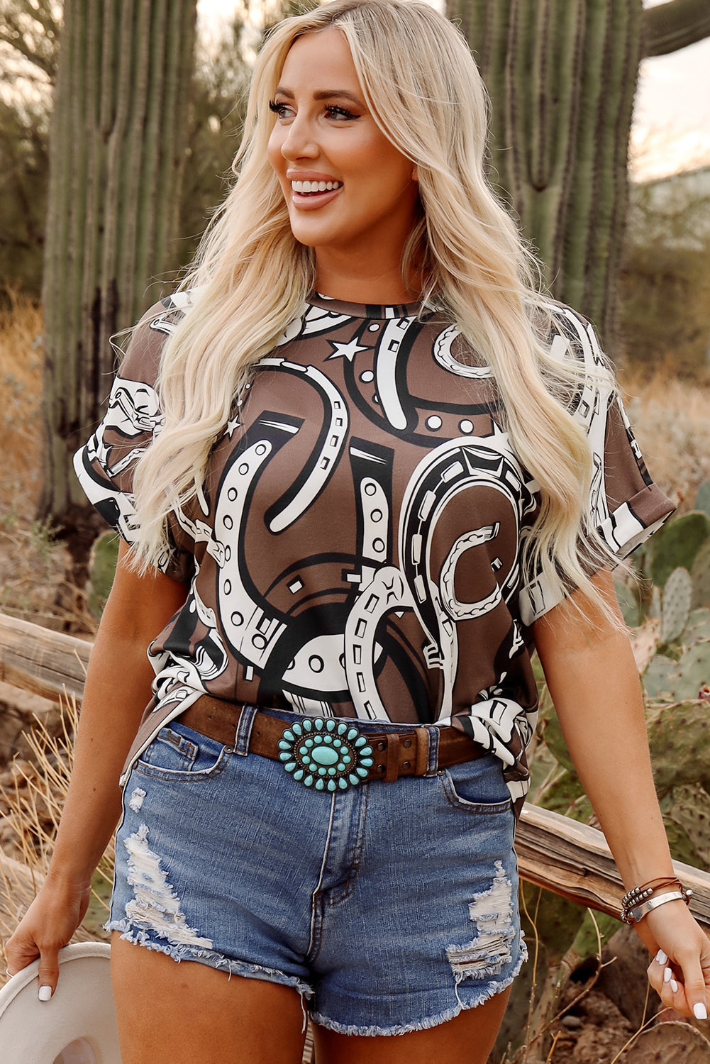 Brown Lucky Horseshoes Graphic Dolman T-shirt eAura