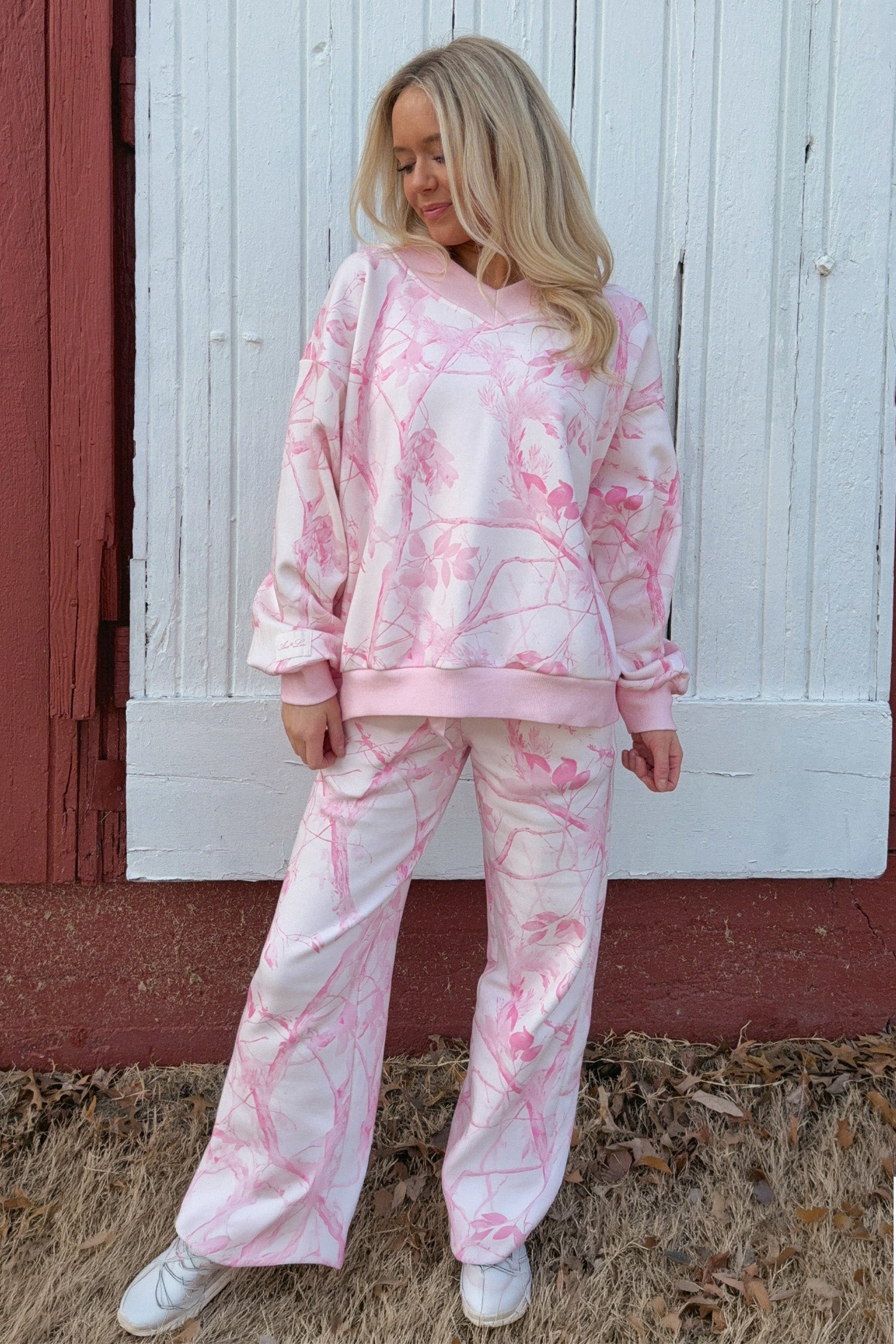 Abstract Plant Print Long Sleeve V Neck Pant Set – Pink