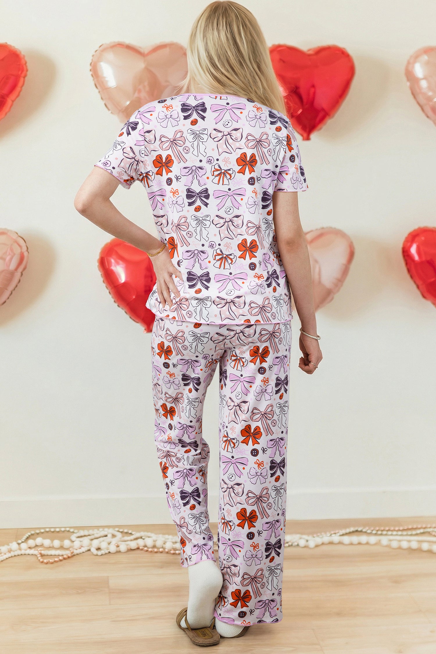 Bows Buttons Printed Contrast Trim Short Sleeve Shirt Pyjama Set