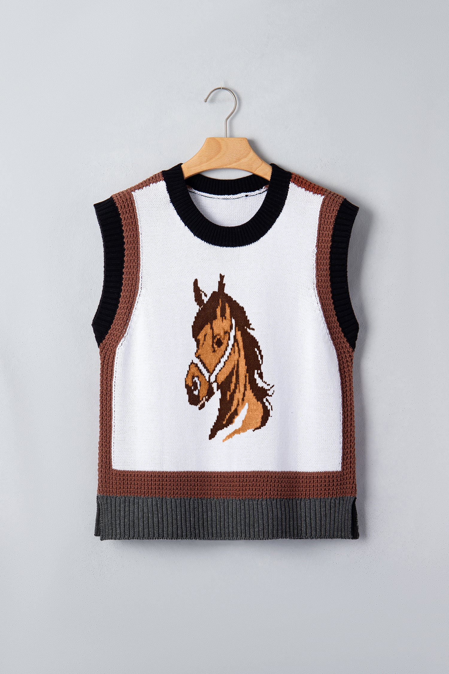 White Western Horse Head Colour Block Trim Sweater Vest