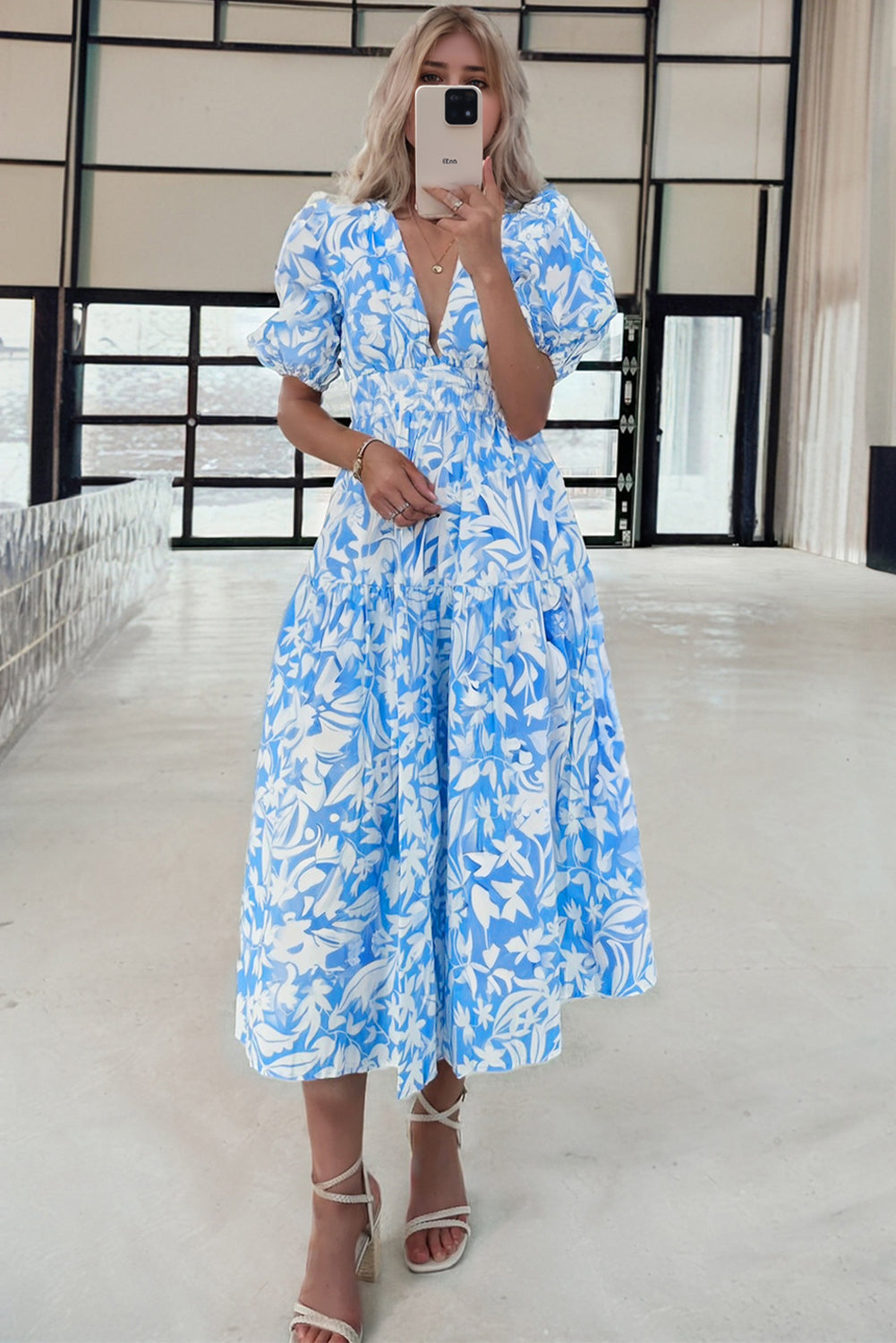 Sky Blue Floral V Neck Puff Short Sleeve Flowy Long Dress eAura