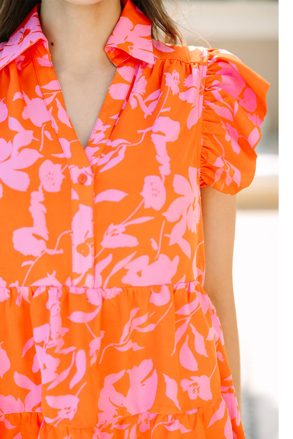 Orange Floral Print Collared Button Neckline Flutter Sleeve Blouse eAura