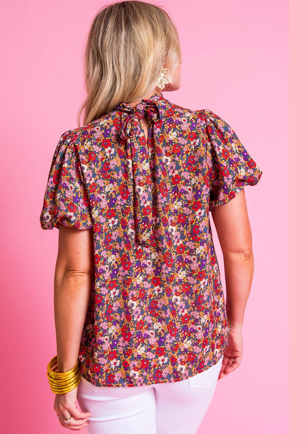 Purple Floral Print Knotted High Neck Puff Sleeve Blouse eAura