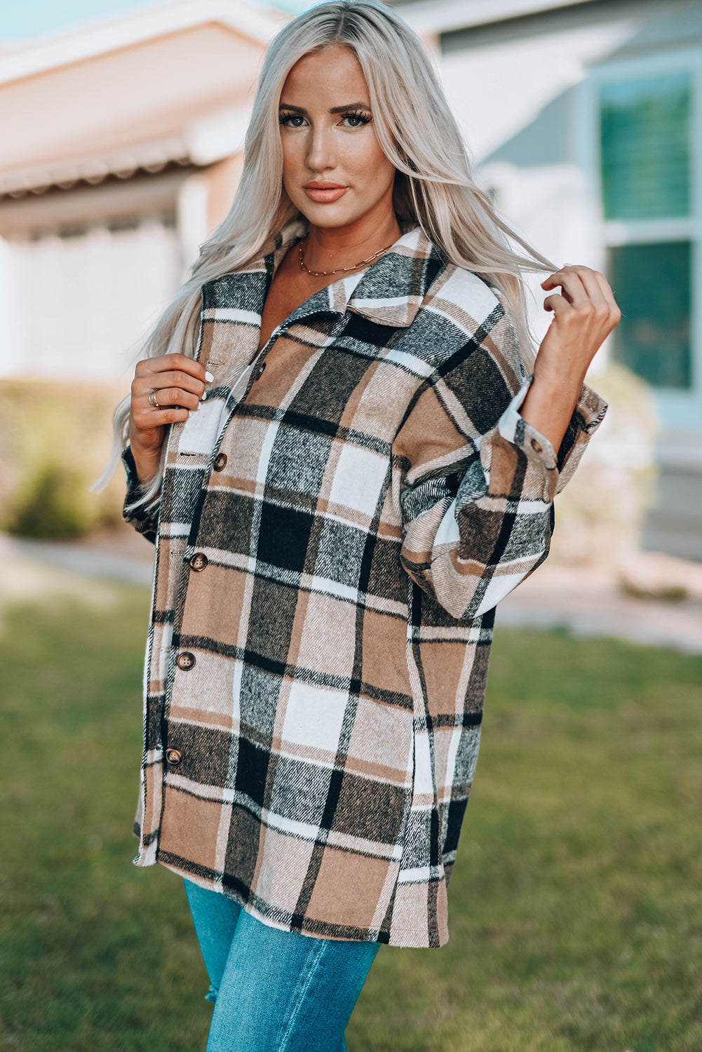Plaid Print Buttoned Shirt Jacket Beagle Boutique Fashion Outlet