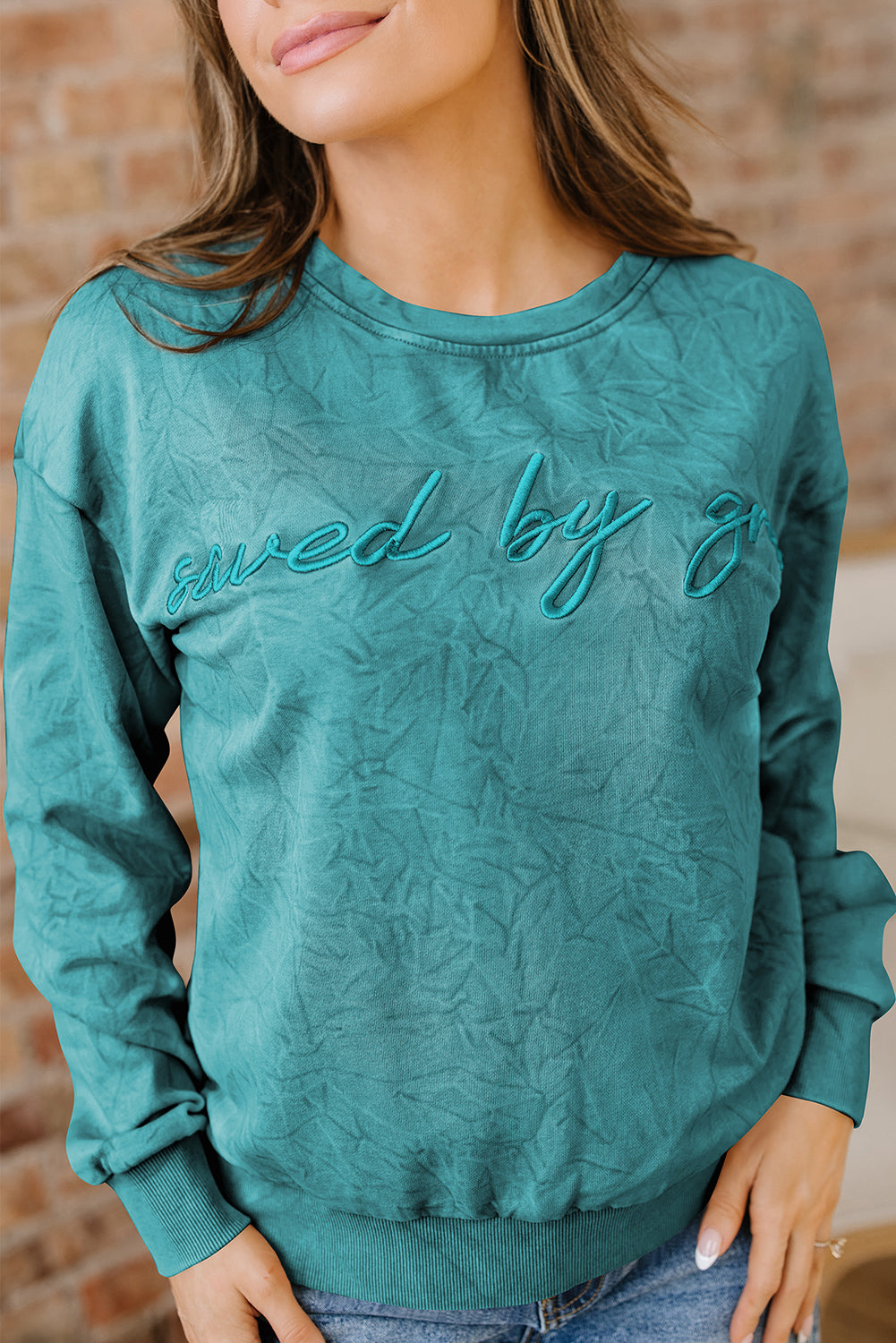 'Saved By Grace' Embroidered Mineral Wash Sweatshirt