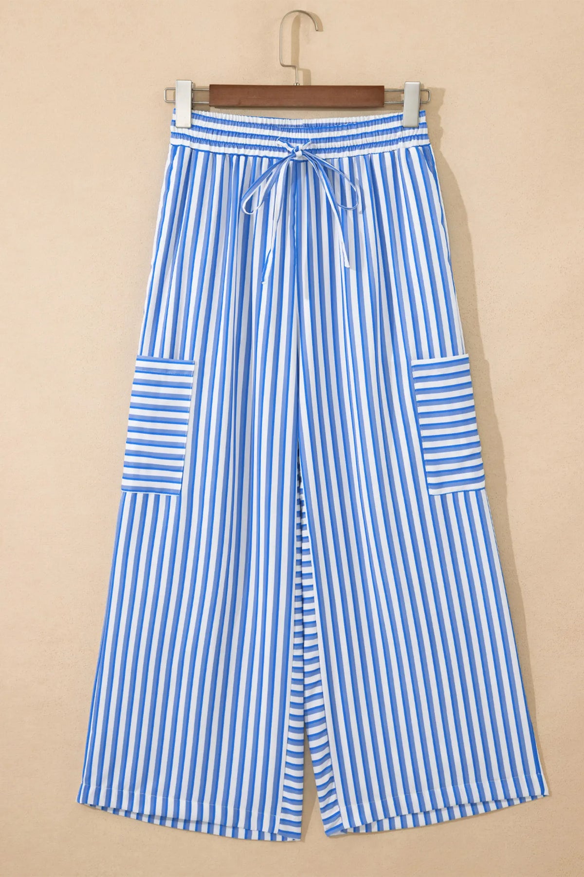 Drawstring Elastic Waist Patch Pocket Wide Leg Ankle-length Pants – Sky Blue Stripe