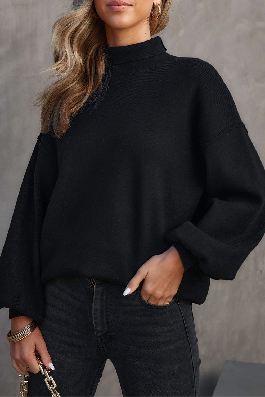 Turtleneck Drop Shoulder Bubble Sleeve Knit Sweater eAura