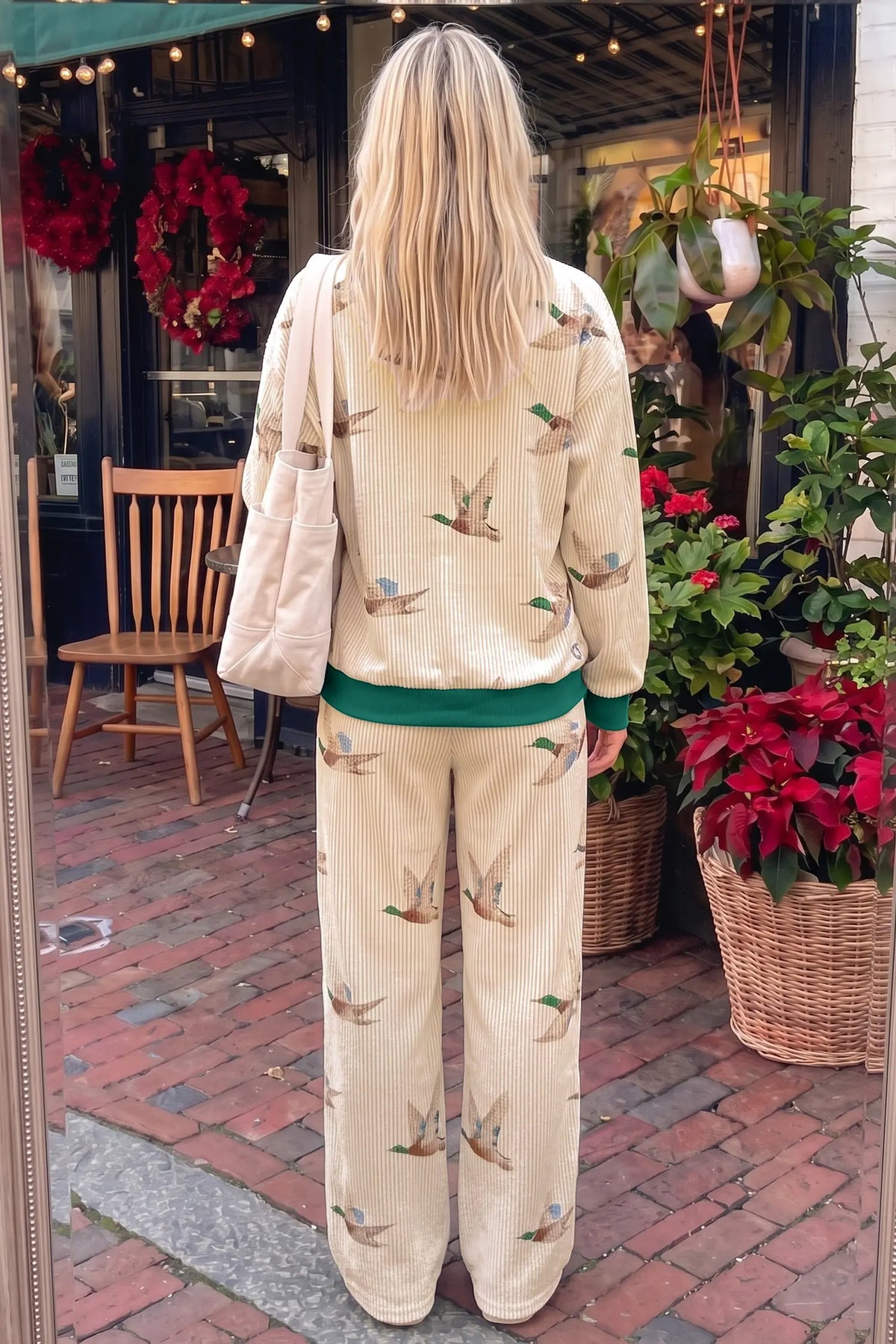 Beige Mallard Duck Print Twisted Rib Long Sleeve Two Piece Pants Sets