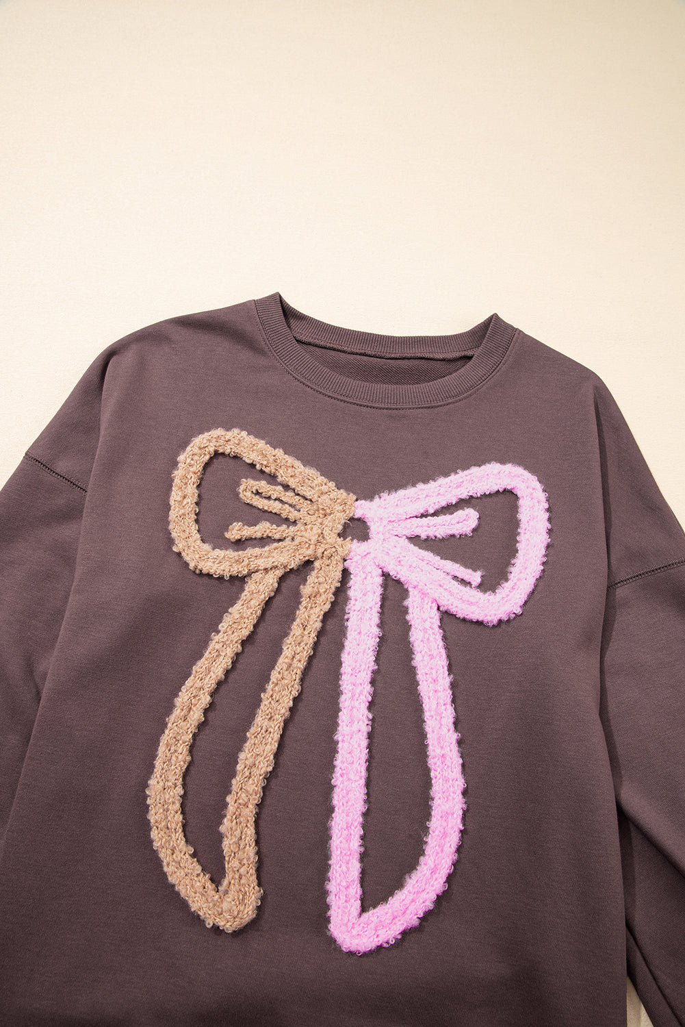 Contrast Terry Bow Pattern Drop Shoulder Sweatshirt - eAura
