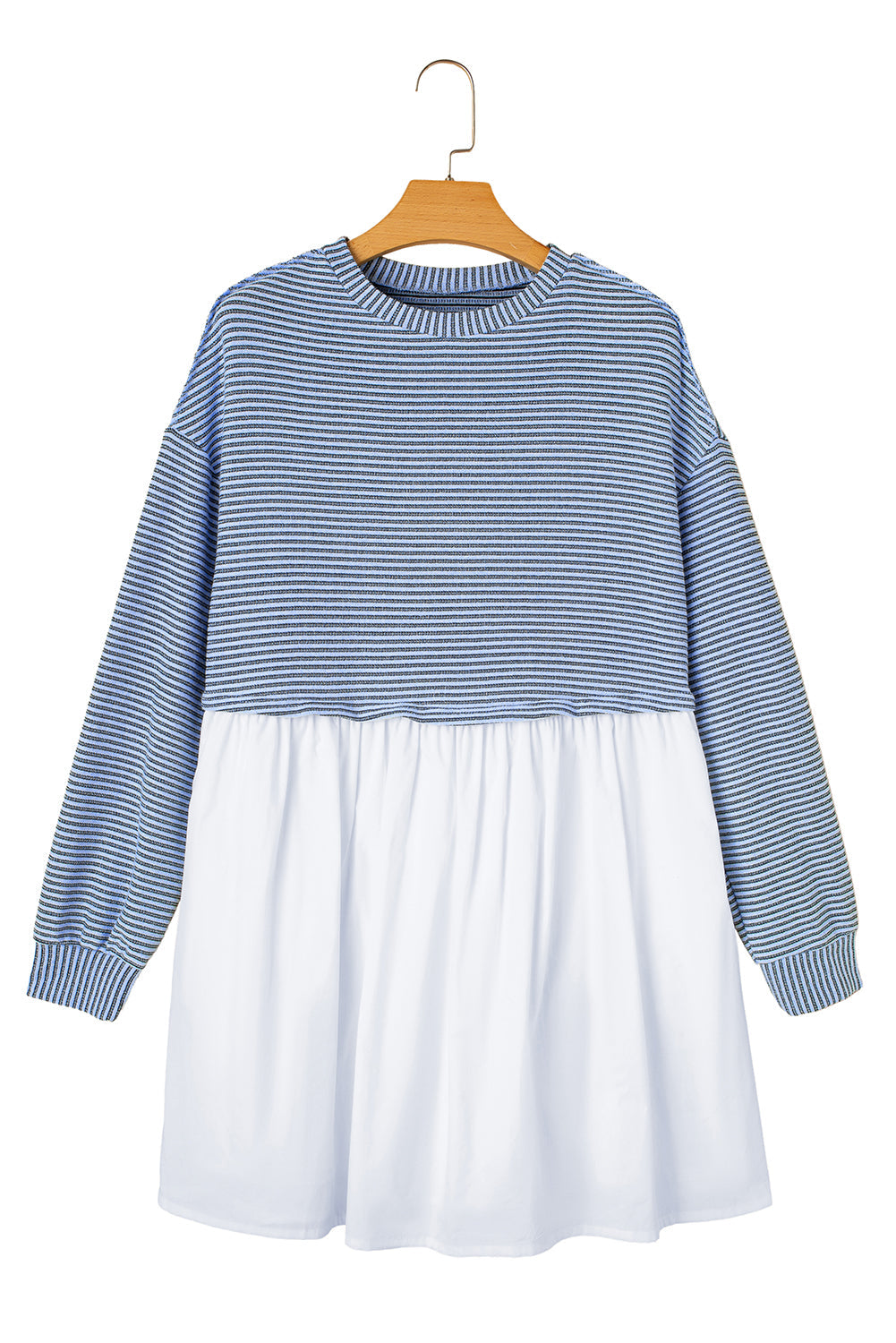 Sky Blue Stripe Patchwork Pleated High Waist Loose Mini Dress eAura