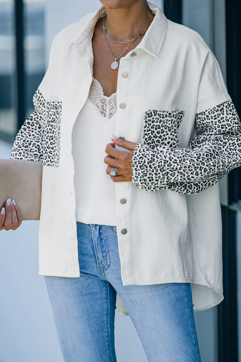 White Contrast Leopard Denim Jacket eAura