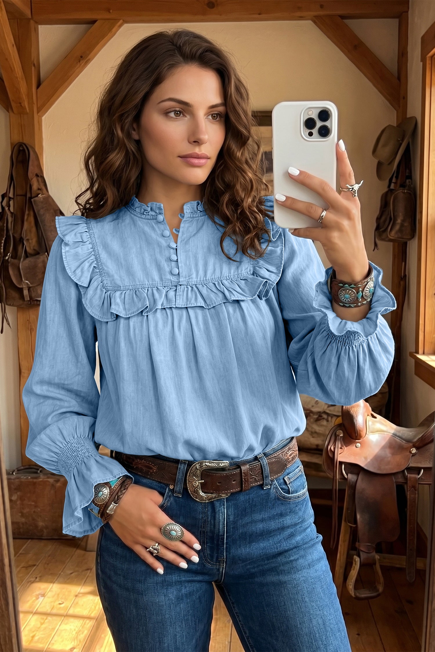 Beau Western Ruffle V Neck Long Sleeve Chambray Blouse – Blue
