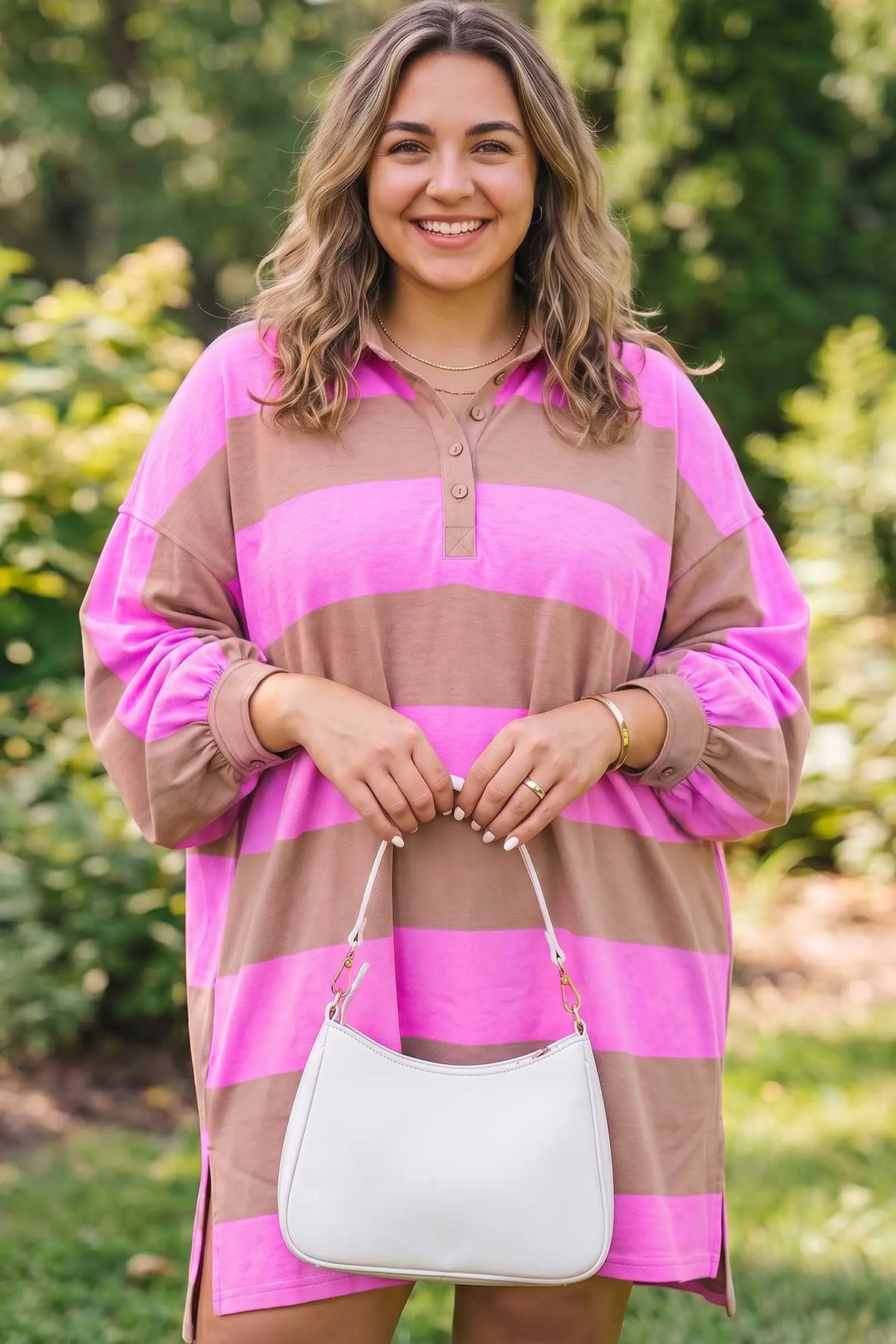 Striped Colourblock Long Sleeve V Neck Shift Plus Size Dress – Rose Stripe