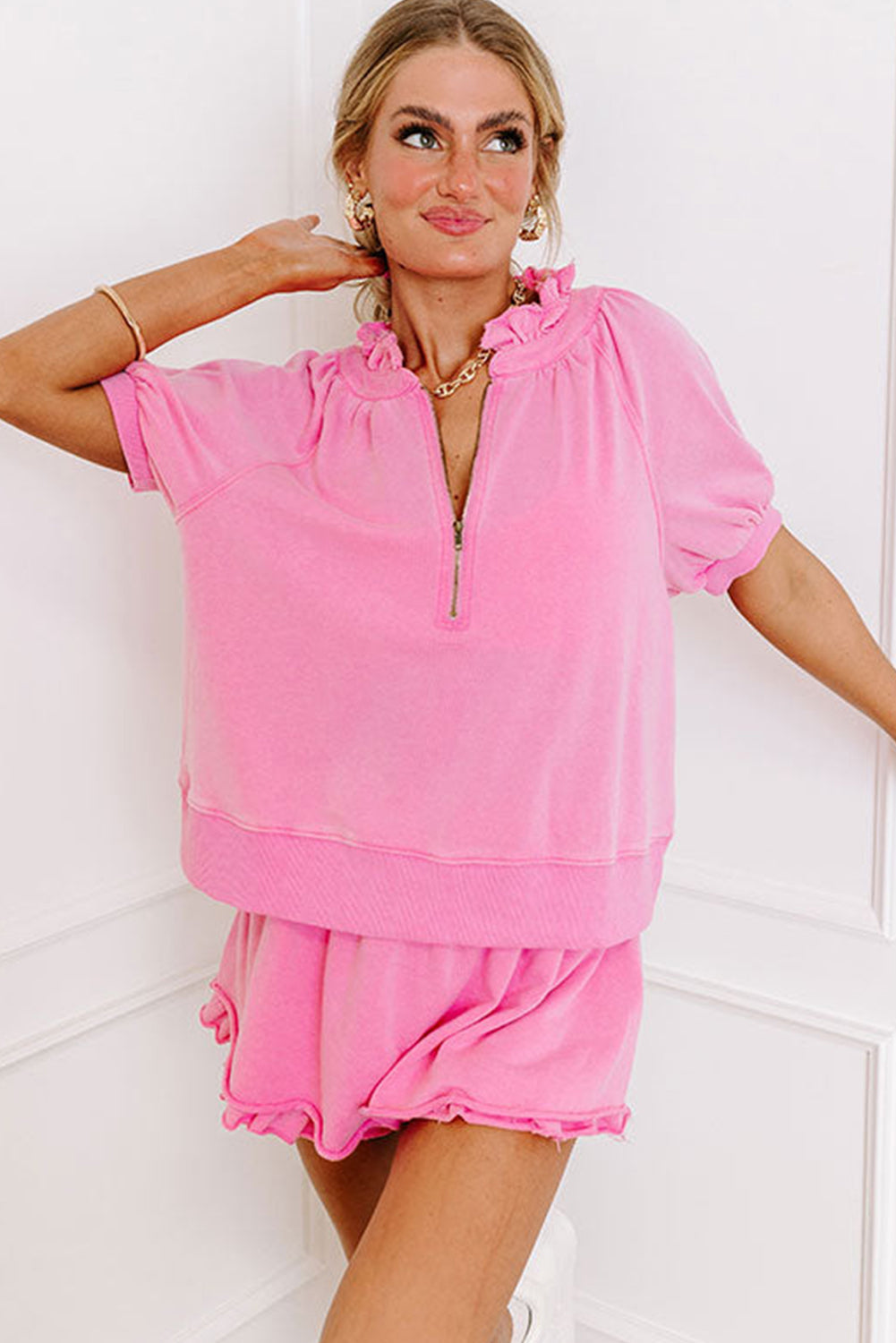 Pink Half Zip Puff Sleeve Top and Ruffled Shorts Set eAura