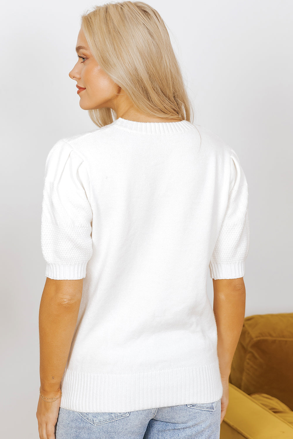 White MultiColour Stitch Detail Cable Knit Short Sleeve Sweater eAura