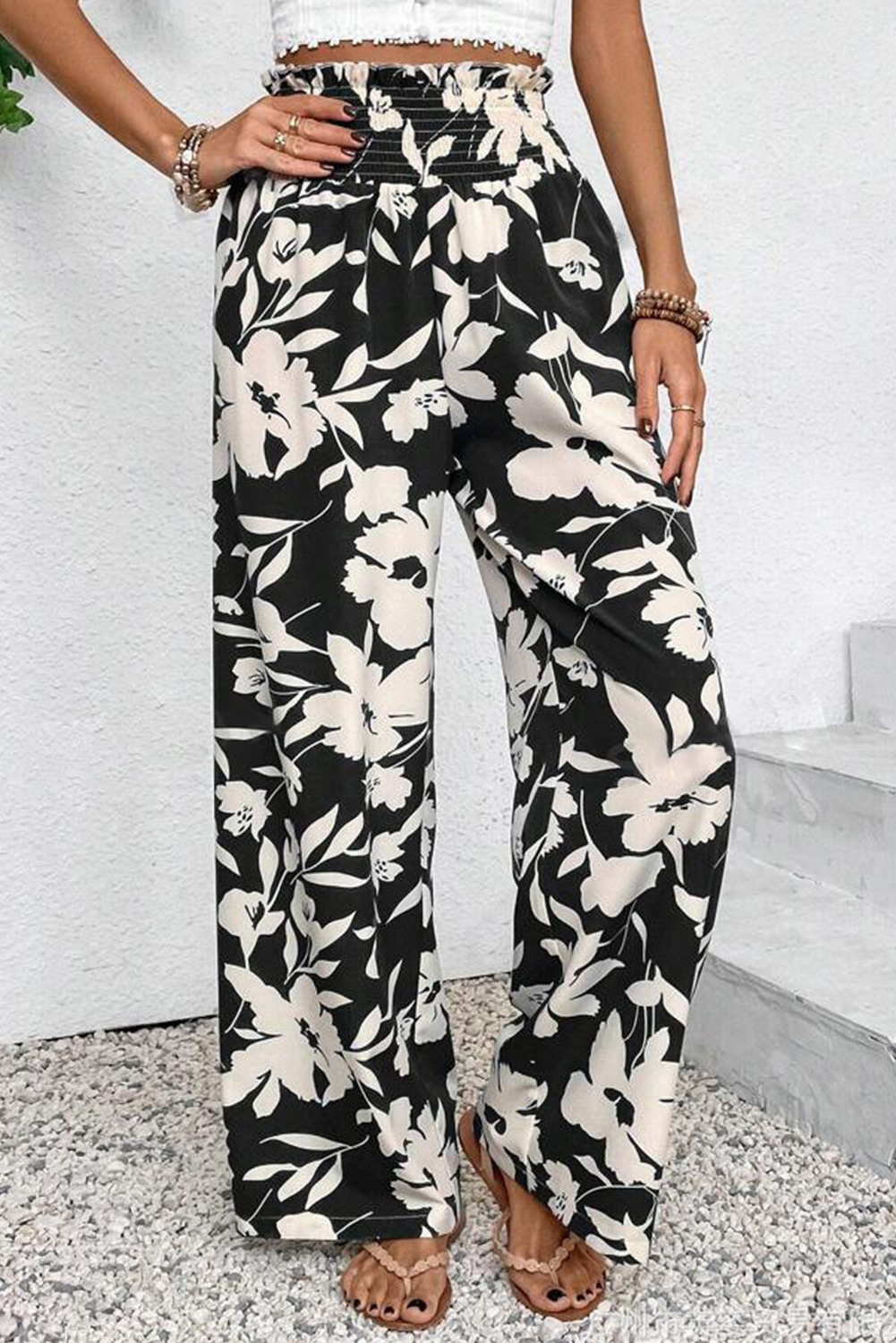 Black Floral Print Smocked High Waist Wide Leg Trousers BB Fashion Outlet