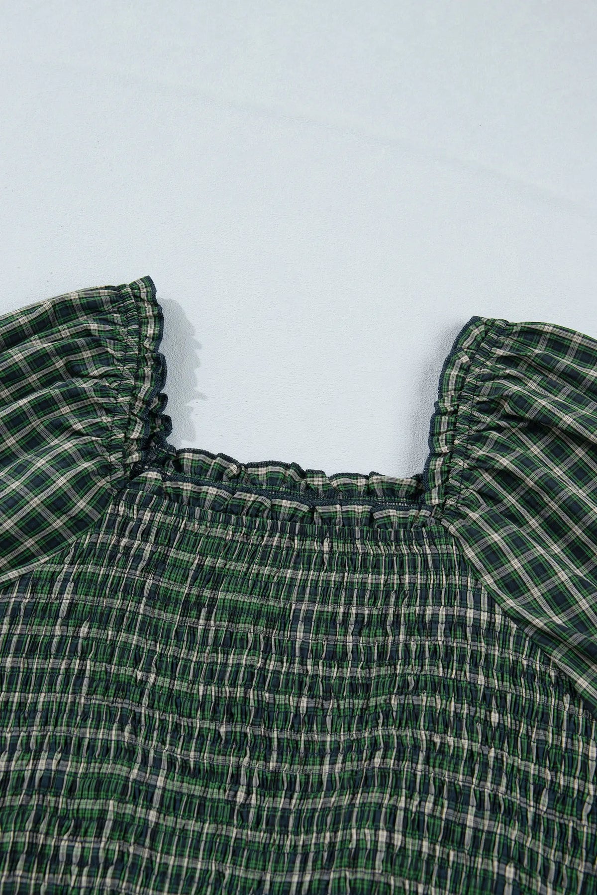 Plaid Square Neck Shirred High Waist Ruffle Hem Dress – Green