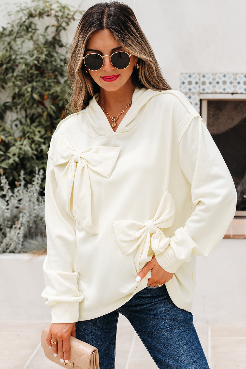 White Cute Bow Detail Baggy Hoodie eAura