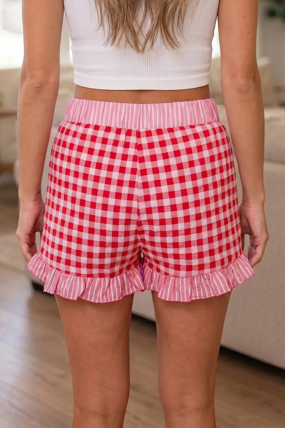 Gingham Ruffle Shorts with Lace Tie Waist