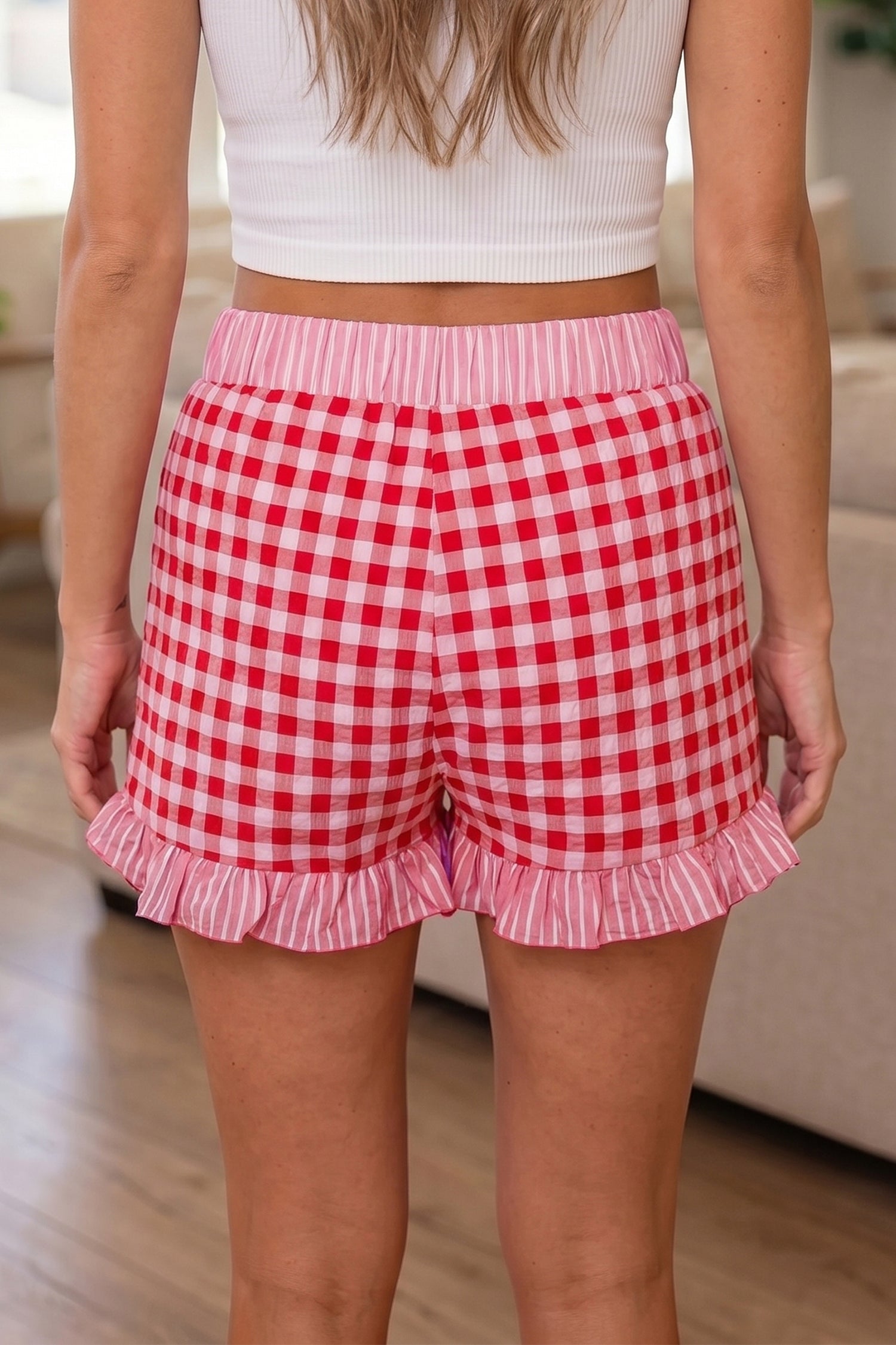 Gingham Ruffle Shorts with Lace Tie Waist