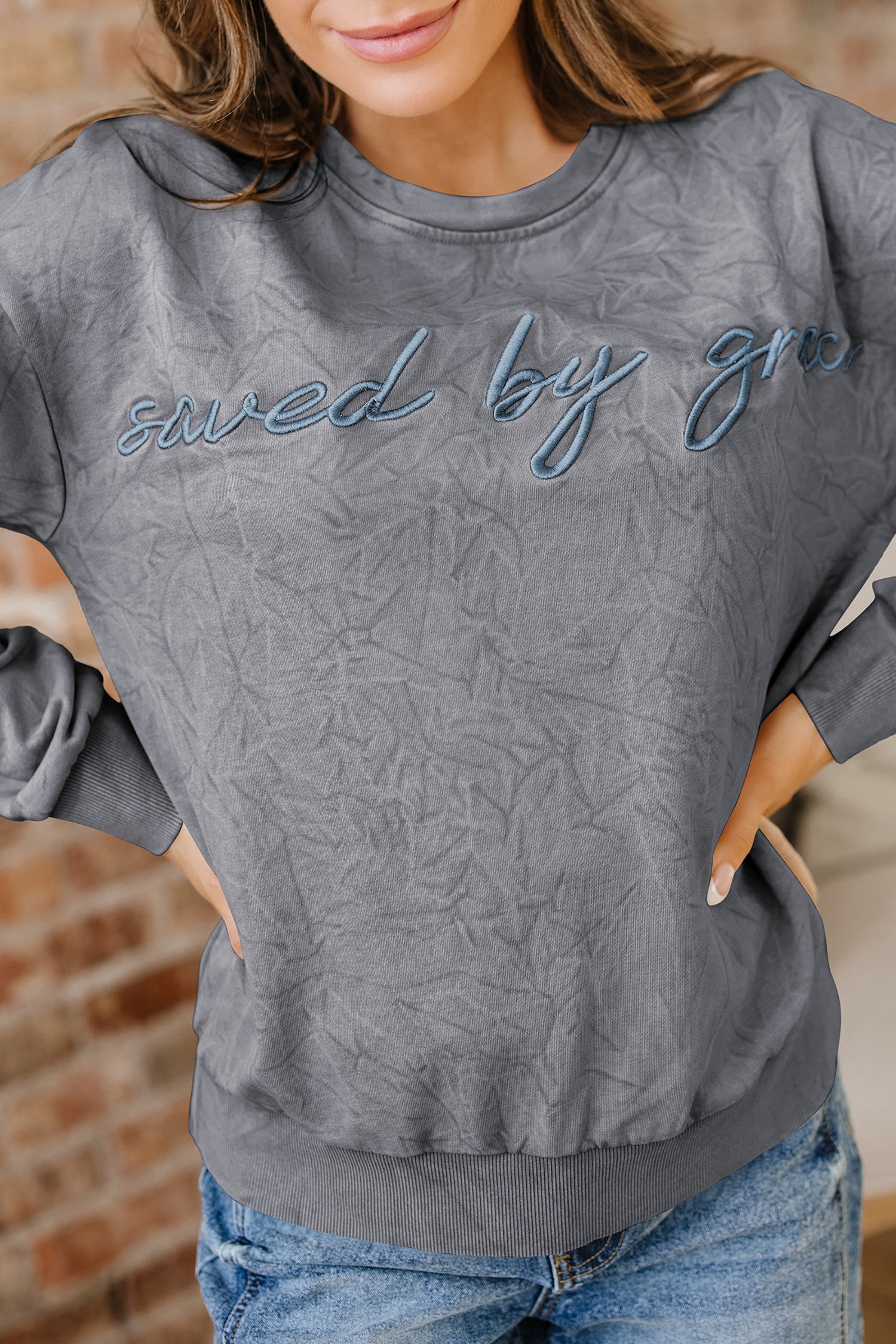 ’Saved By Grace’ Letter Embroidery Mineral Wash Loose Sweatshirt - Tops/Sweatshirts & Hoodies