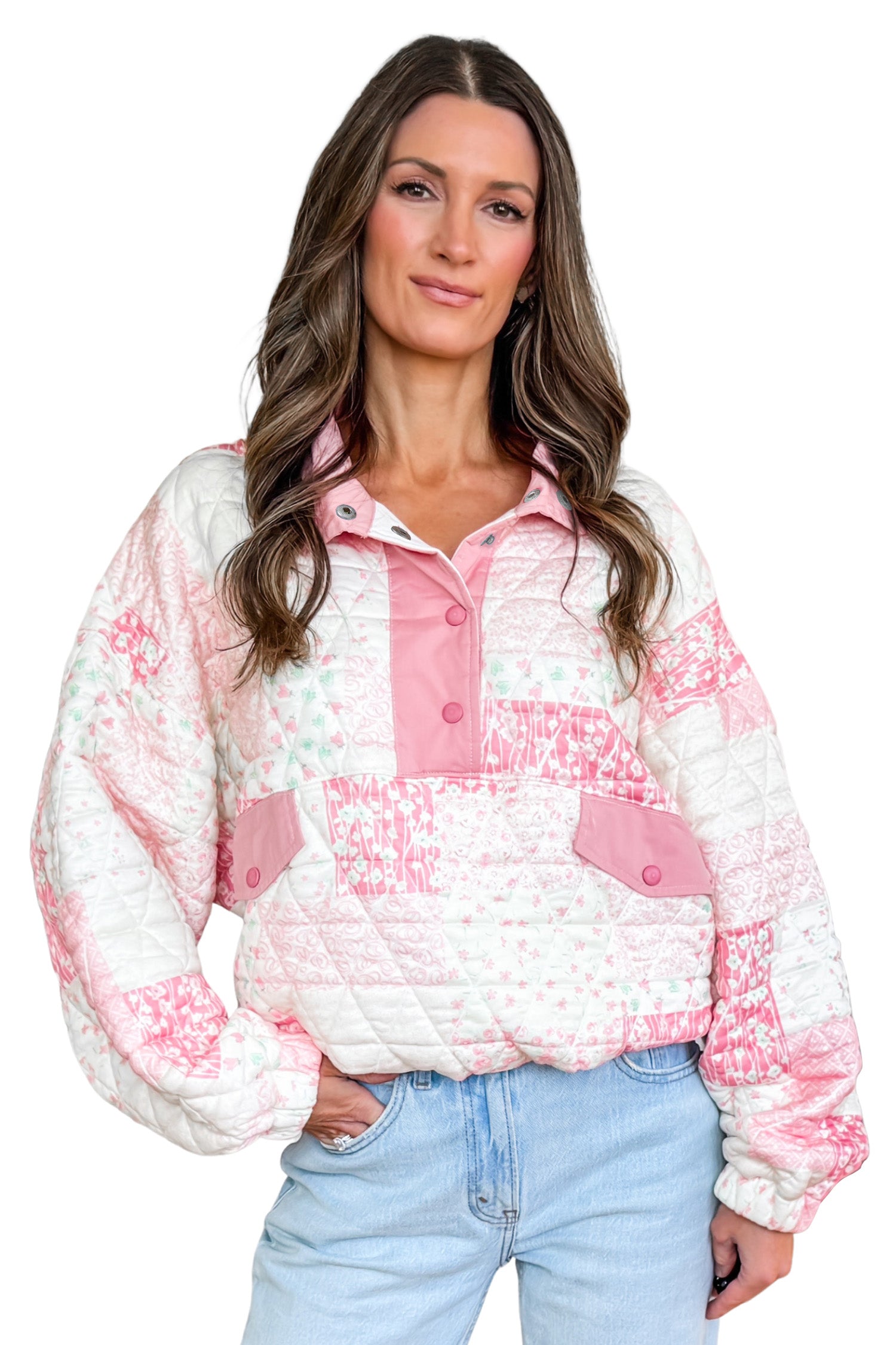 Floral Quilted Half Button Pocketed Pullover Sweatshirt – Multicolour