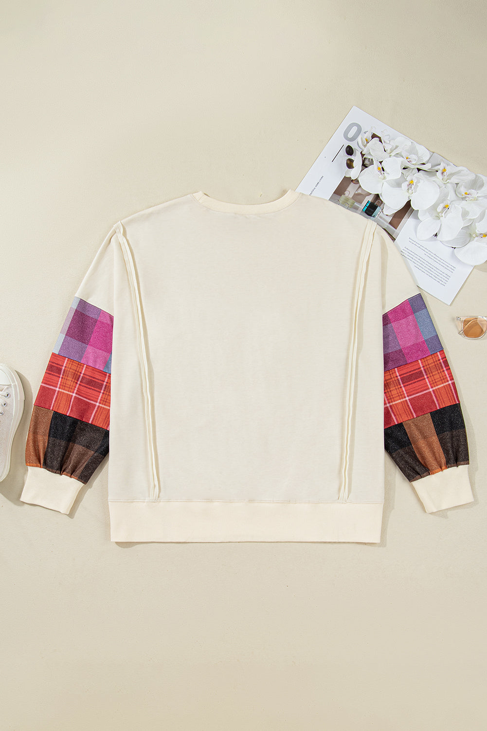 Beige Plus Size Patchwork Sleeve Pullover Top - eAura