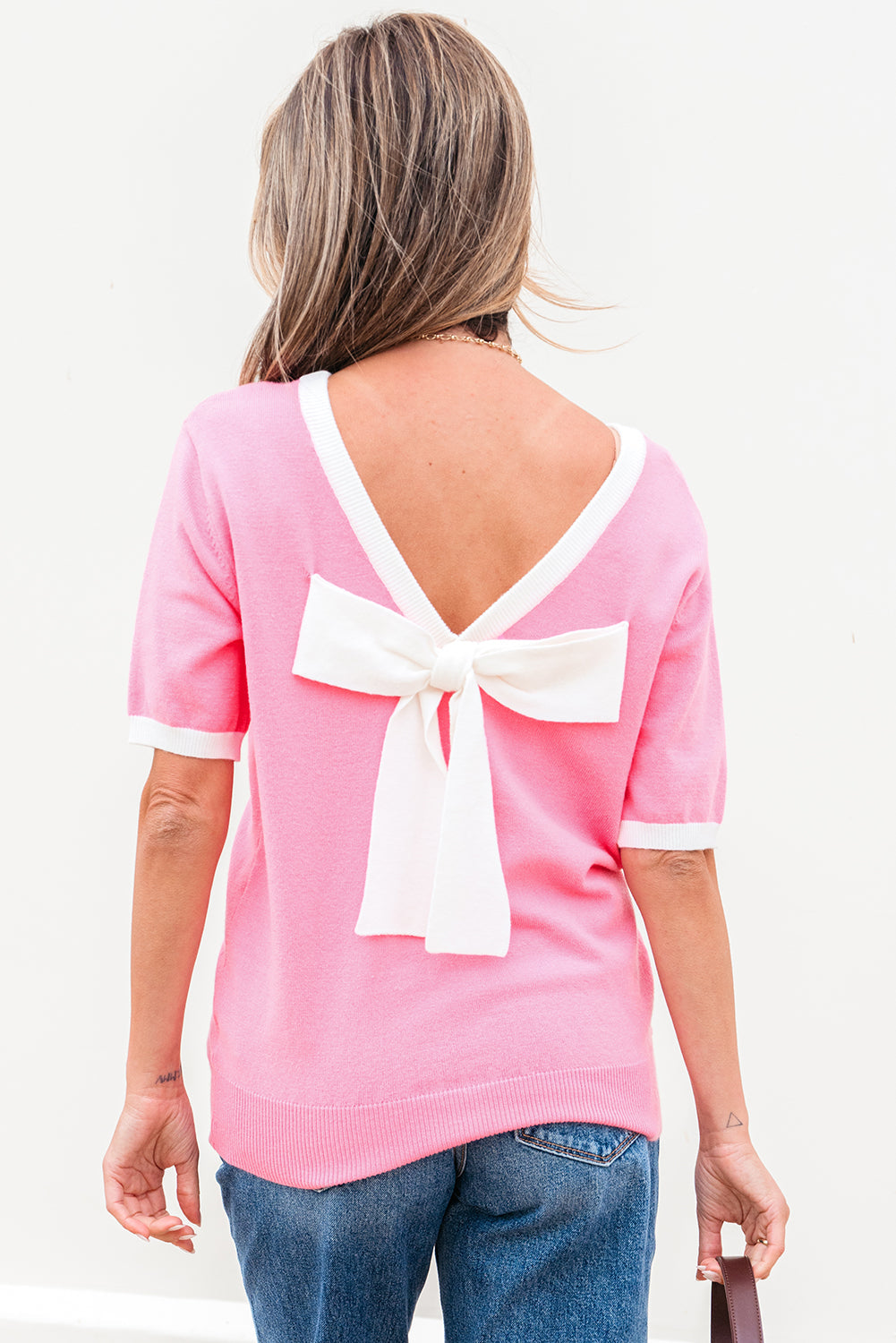 Colourblock Bow V-Shape Cut Back Short Sleeve Sweater eAura