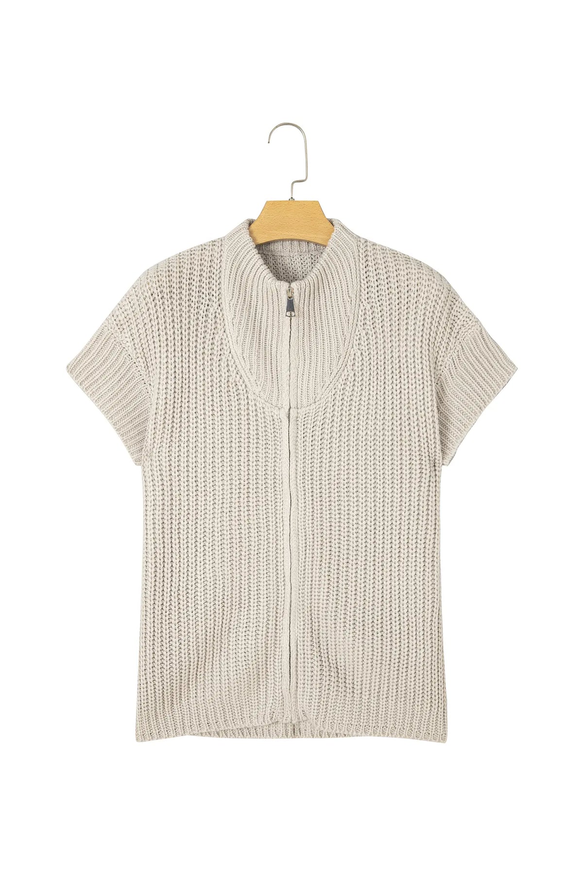 Jet Stream Solid Colour Short Sleeve Zipper Knit High Neck Sweater – Cream