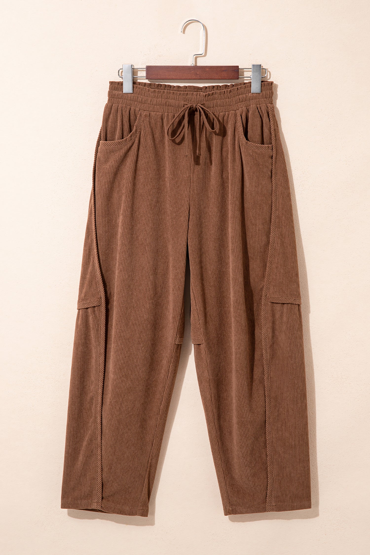 Coffee Corduroy Elastic Waist Drawstring Cargo Pants – Brown