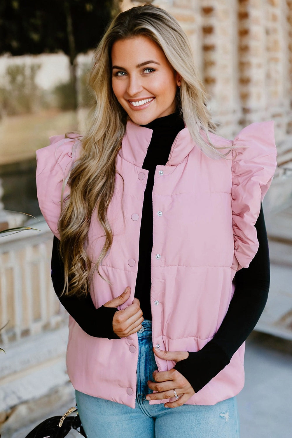 Pink Stand Neck Flutter Cap Sleeve Snap Button Puffer Gilet eAura